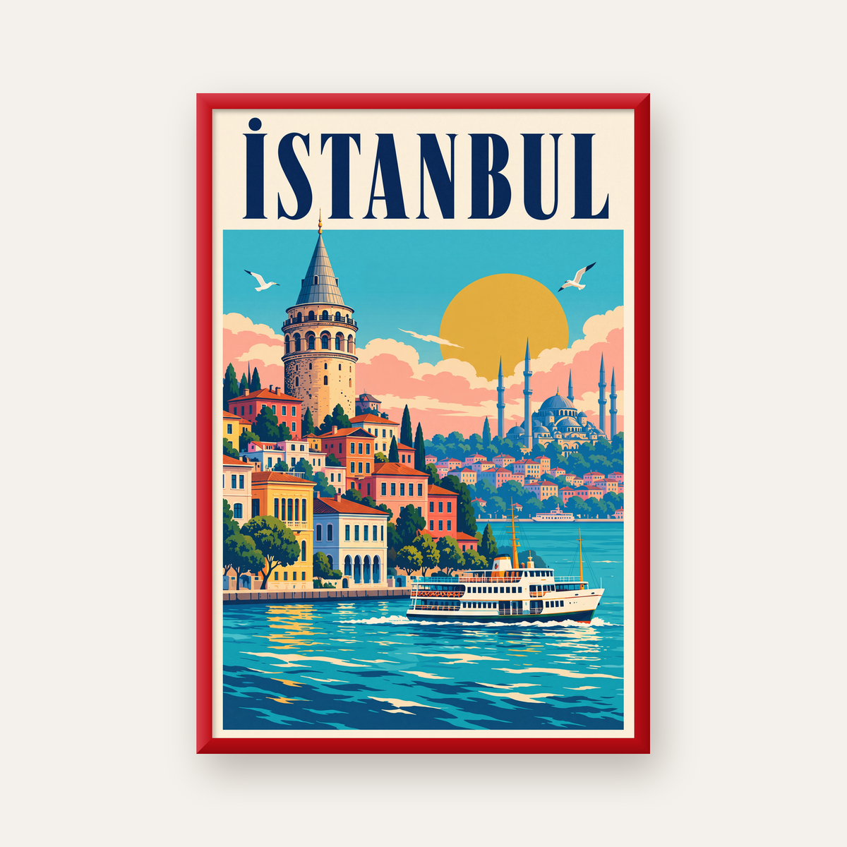 İstanbul Manzarası Retro Poster – Renkli Turistik Sanat Baskısı — kırmızı çerçeveli