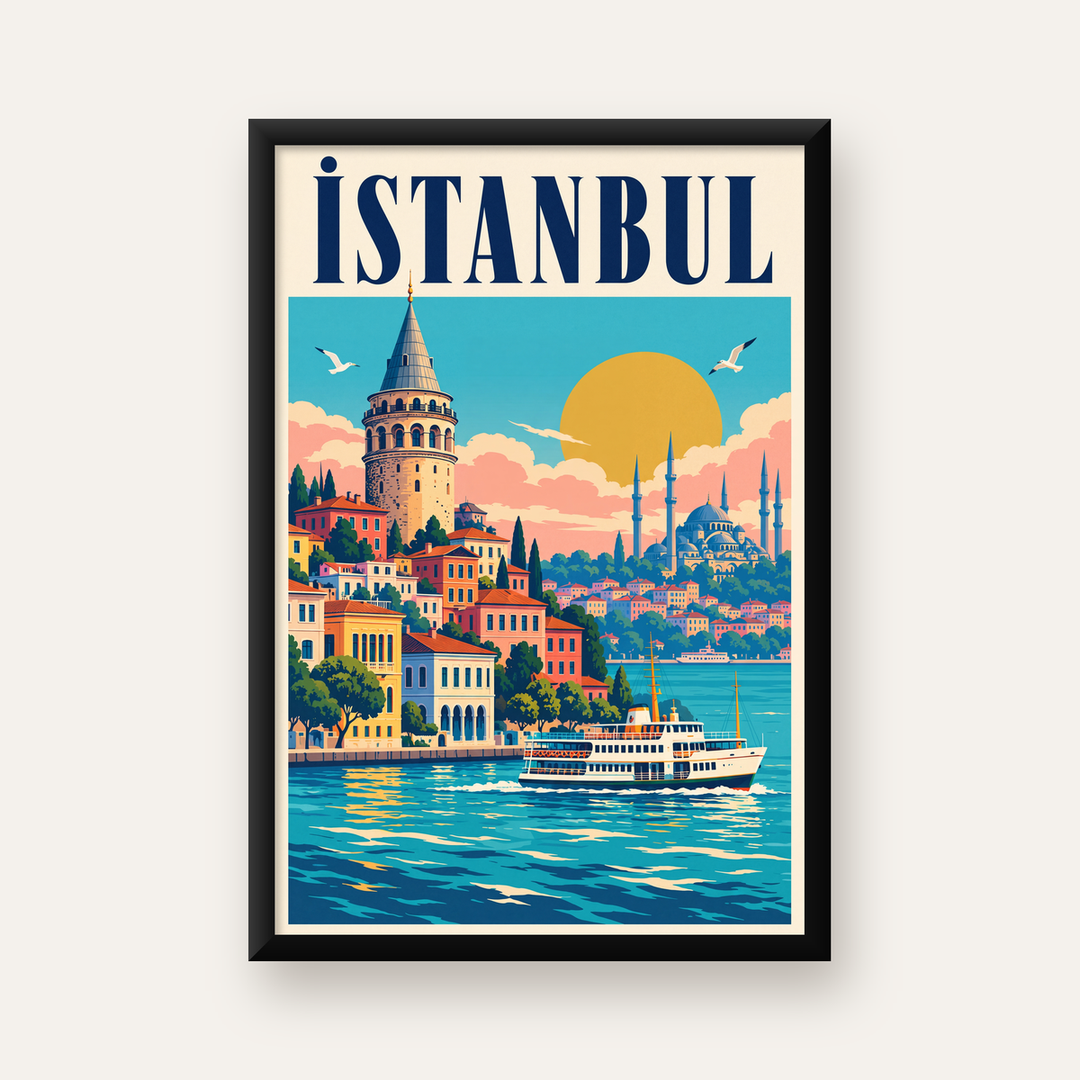 İstanbul Manzarası Retro Poster – Renkli Turistik Sanat Baskısı — düz siyah çerçeveli duvar posteri