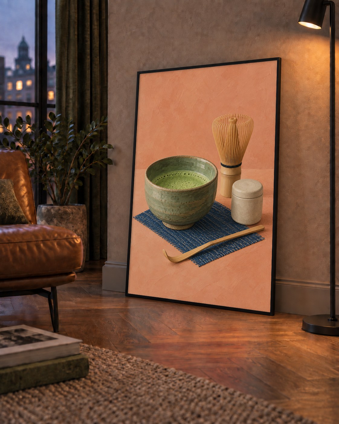 Japon Çay Seremonisi Seti Poster – Minimalist Sanat Baskısı — çerçeveli hâliyle bir ev duvarında