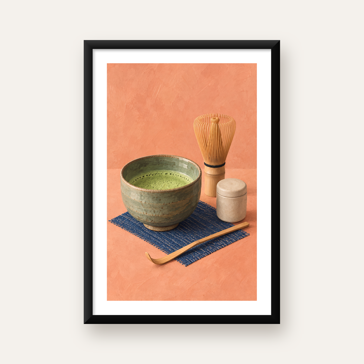 Japon Çay Seremonisi Seti Poster – Minimalist Sanat Baskısı — beyaz paspartulu, düz siyah çerçeveli