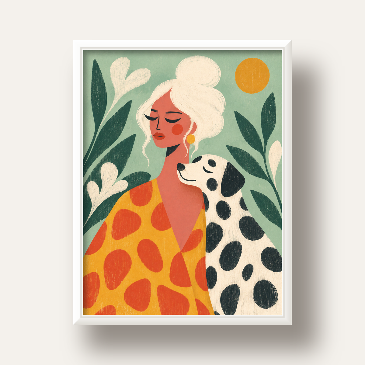 Kadın ve Dalmaçyalı Köpeği Soyut Poster – Modern Duvar Dekoru — beyaz derin çerçeveli