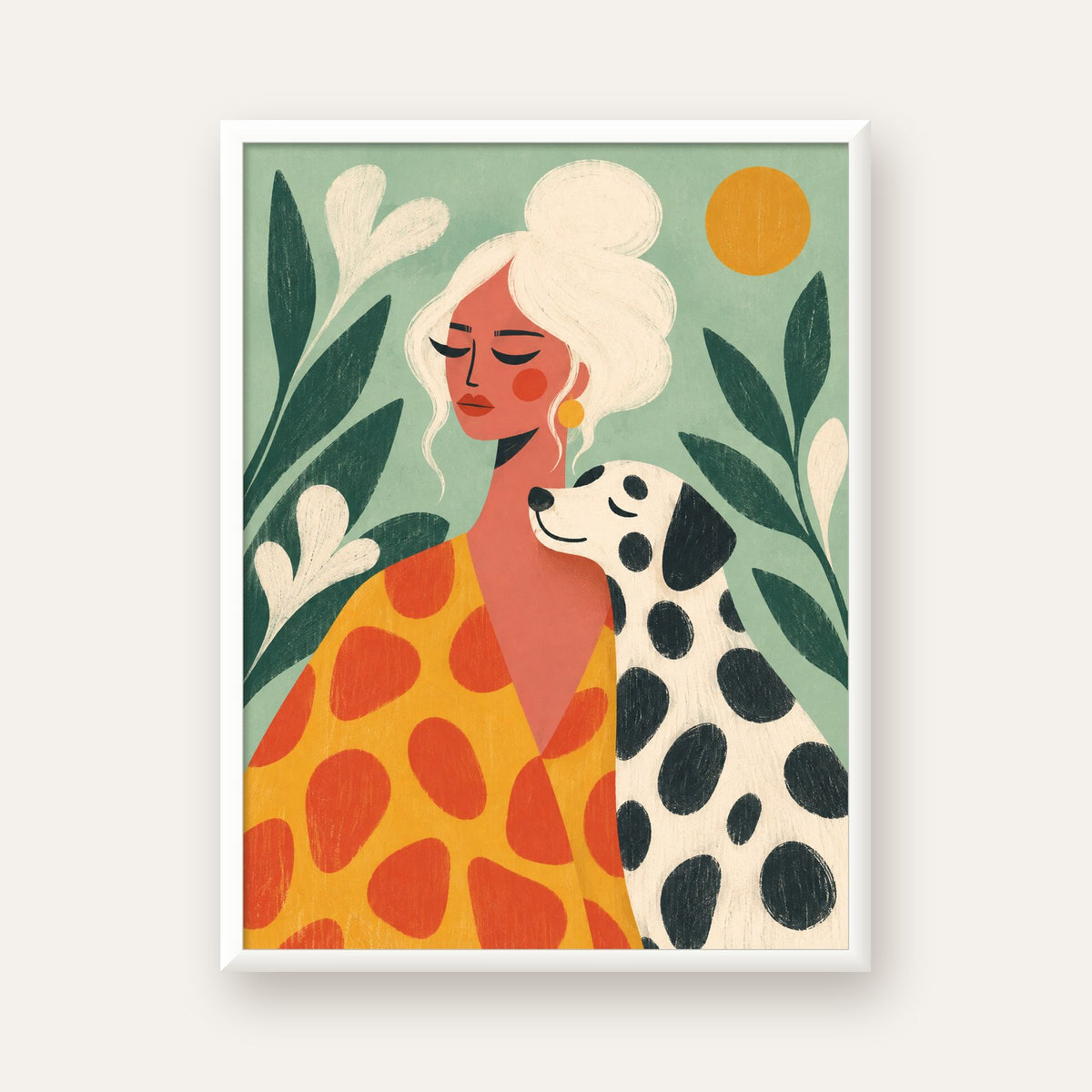 Kadın ve Dalmaçyalı Köpeği Soyut Poster – Modern Duvar Dekoru — beyaz çerçeveli dikey poster
