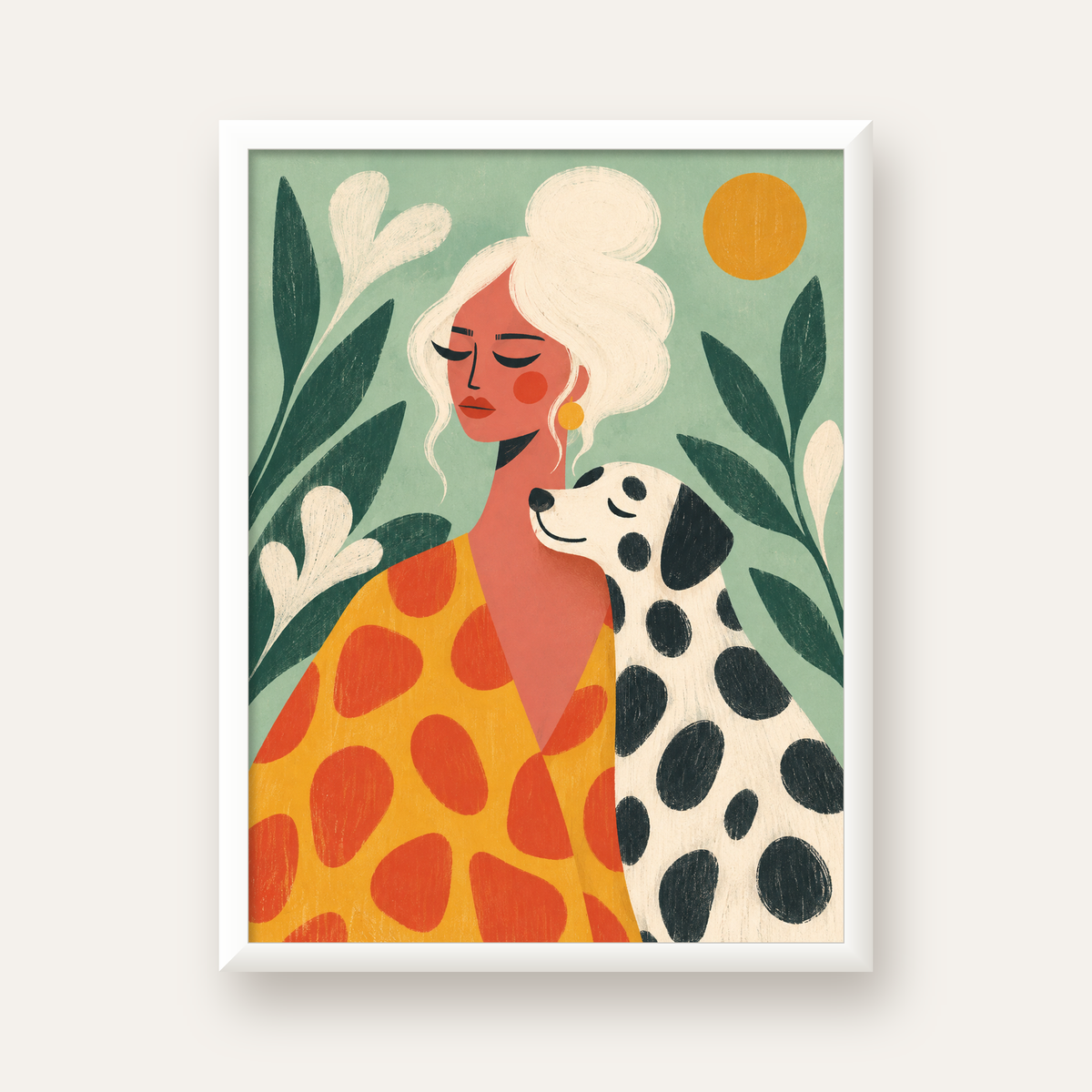 Kadın ve Dalmaçyalı Köpeği Soyut Poster – Modern Duvar Dekoru — beyaz çerçeveli dikey poster