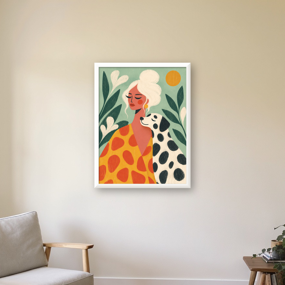 Kadın ve Dalmaçyalı Köpeği Soyut Poster – Modern Duvar Dekoru — beyaz çerçeveli dikey poster