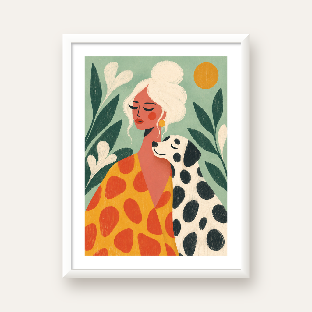 Kadın ve Dalmaçyalı Köpeği Soyut Poster – Modern Duvar Dekoru — beyaz çerçeveli dikey poster