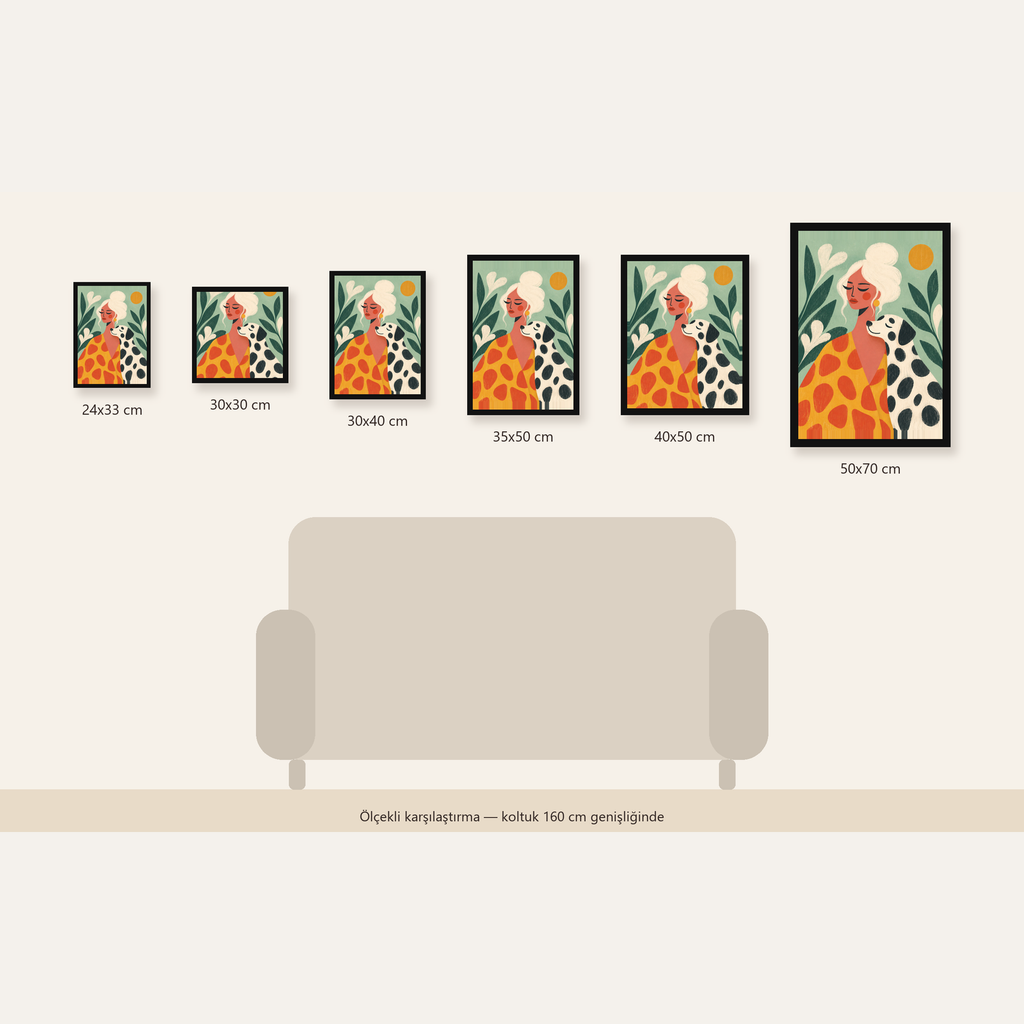 Kadın ve Dalmaçyalı Köpeği Soyut Poster – Modern Duvar Dekoru — Dikey ölçülerinin karşılaştırması