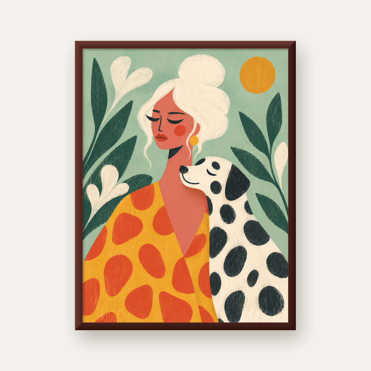 Kadın ve Dalmaçyalı Köpeği Soyut Poster – Modern Duvar Dekoru — ceviz çerçeveli