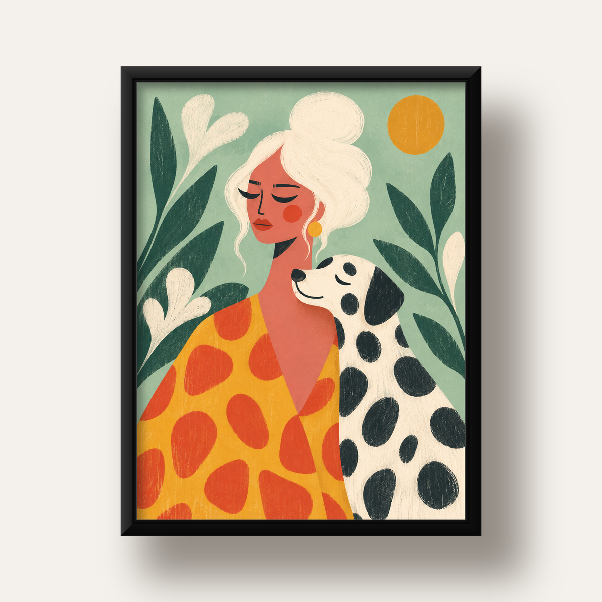 Kadın ve Dalmaçyalı Köpeği Soyut Poster – Modern Duvar Dekoru — siyah derin çerçeveli