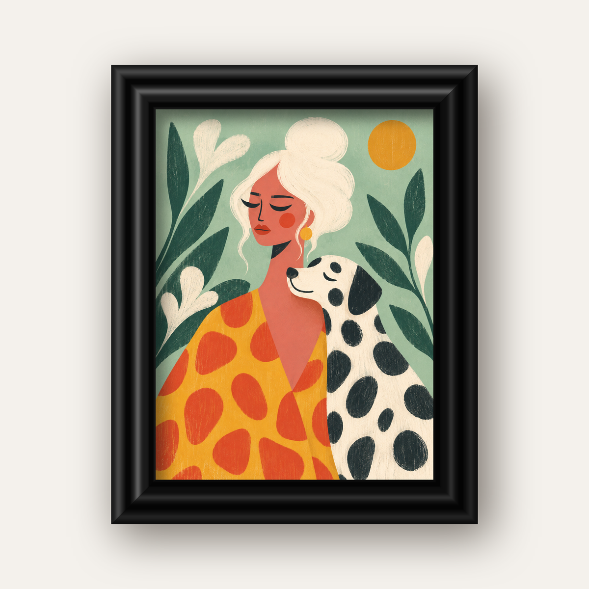Kadın ve Dalmaçyalı Köpeği Soyut Poster – Modern Duvar Dekoru — siyah galeri çerçeveli