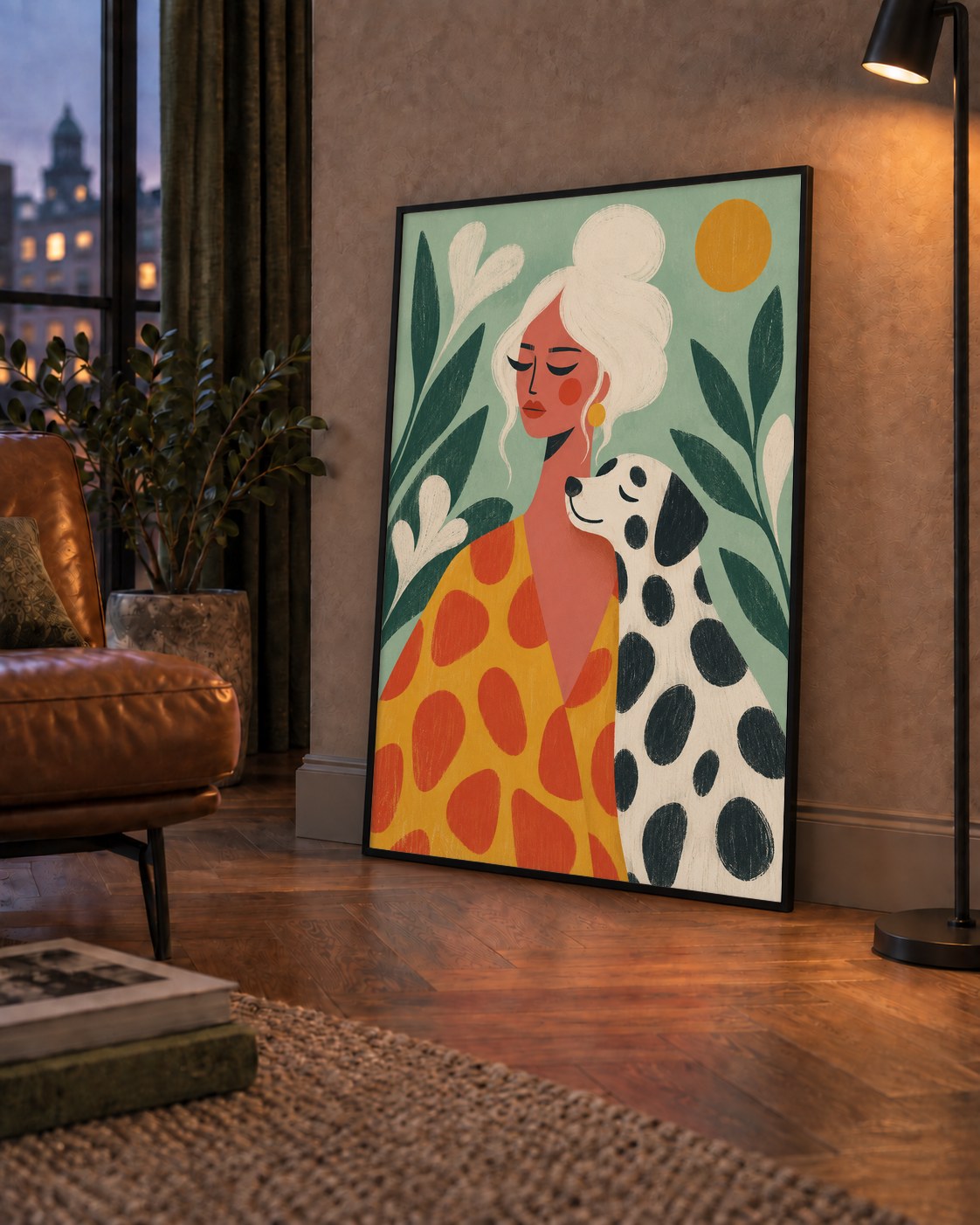 Kadın ve Dalmaçyalı Köpeği Soyut Poster – Modern Duvar Dekoru — çerçeveli hâliyle bir ev duvarında