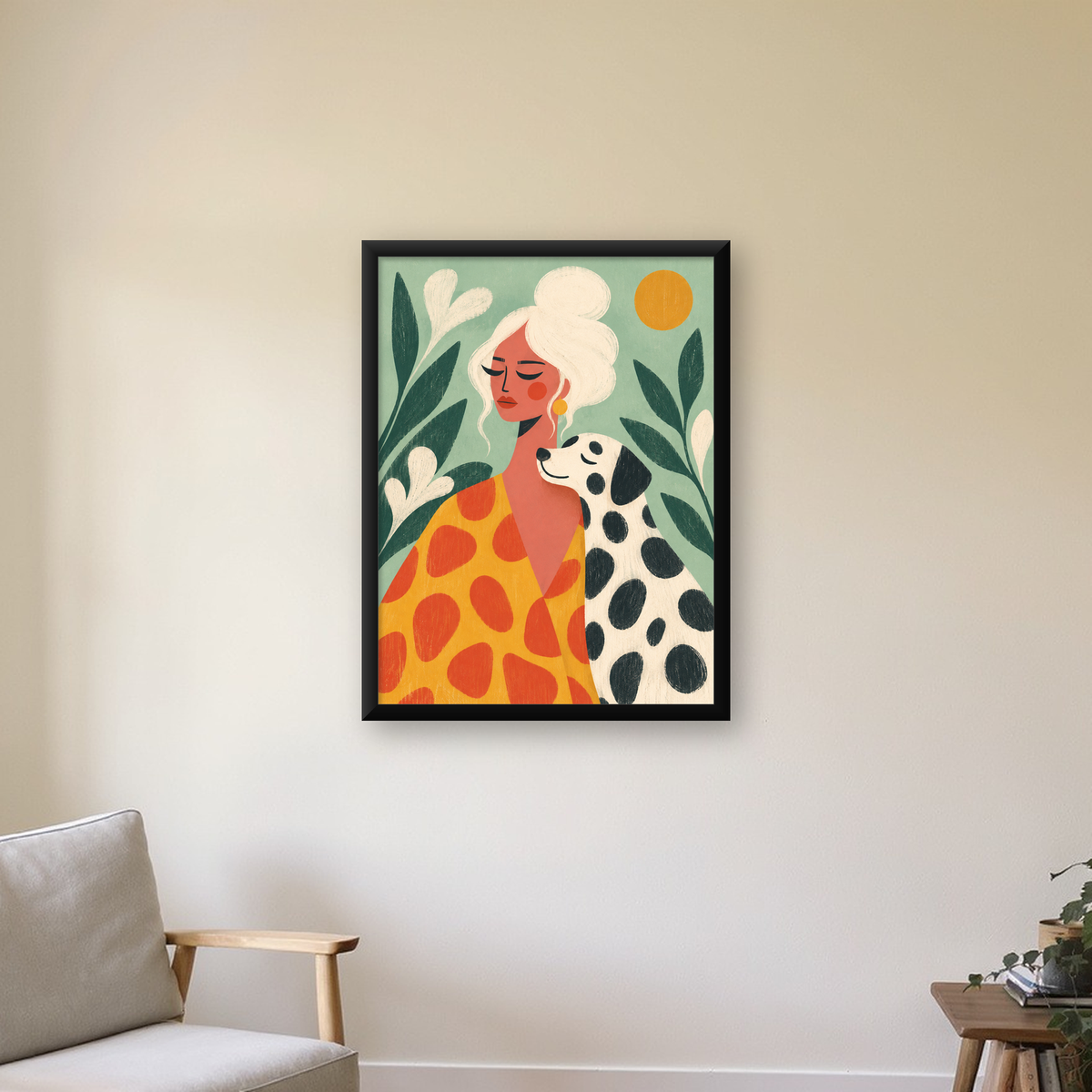 Kadın ve Dalmaçyalı Köpeği Soyut Poster – Modern Duvar Dekoru — Dikey baskı, çerçeveli hâliyle bir ev duvarında