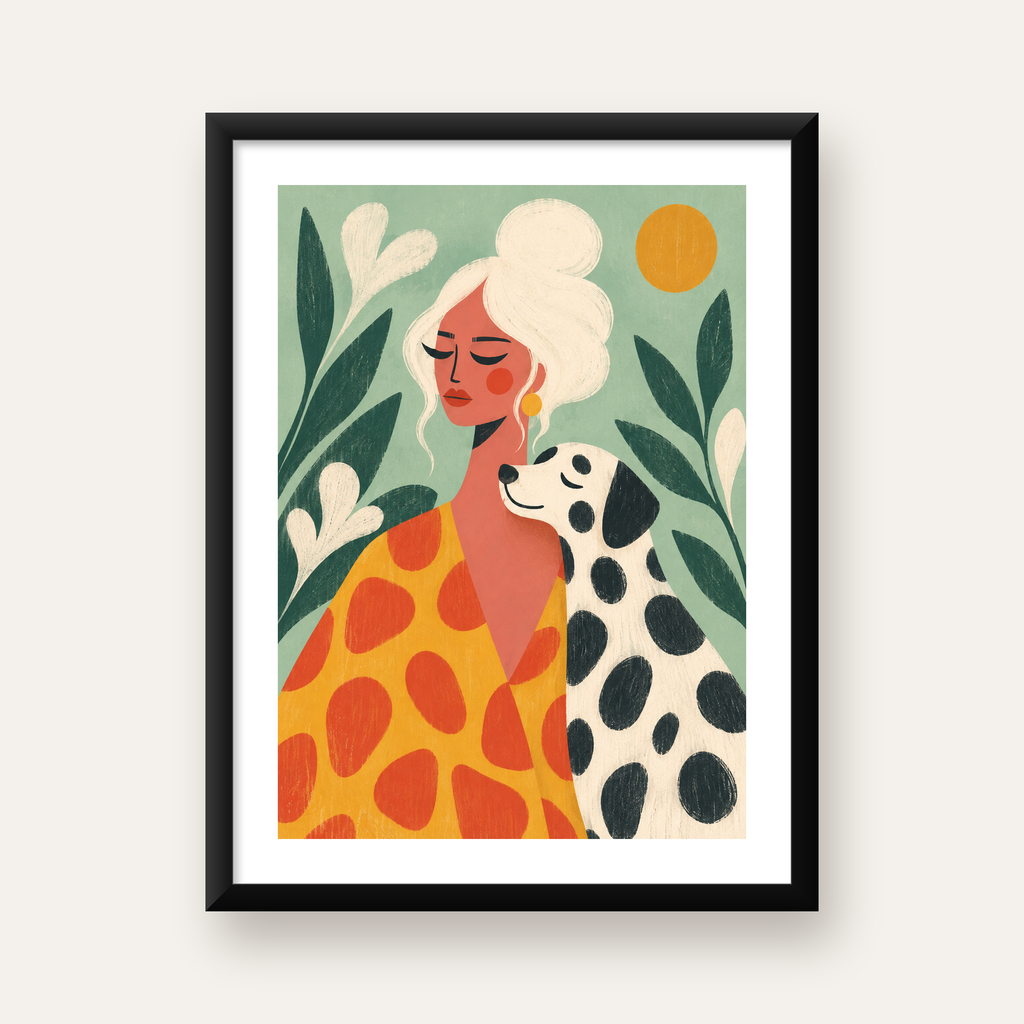 Kadın ve Dalmaçyalı Köpeği Soyut Poster – Modern Duvar Dekoru — Dikey baskı, beyaz paspartulu