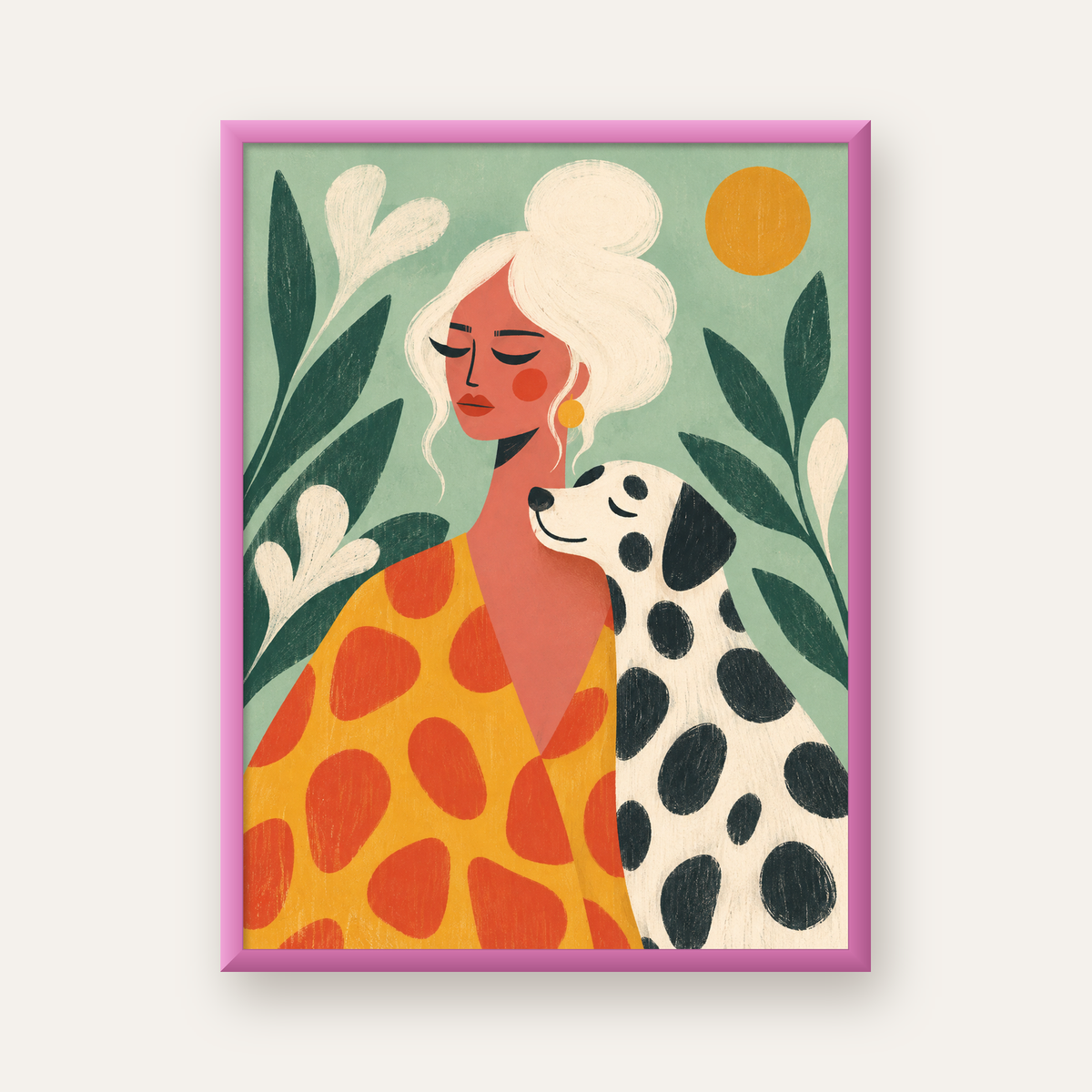 Kadın ve Dalmaçyalı Köpeği Soyut Poster – Modern Duvar Dekoru — pembe çerçeveli