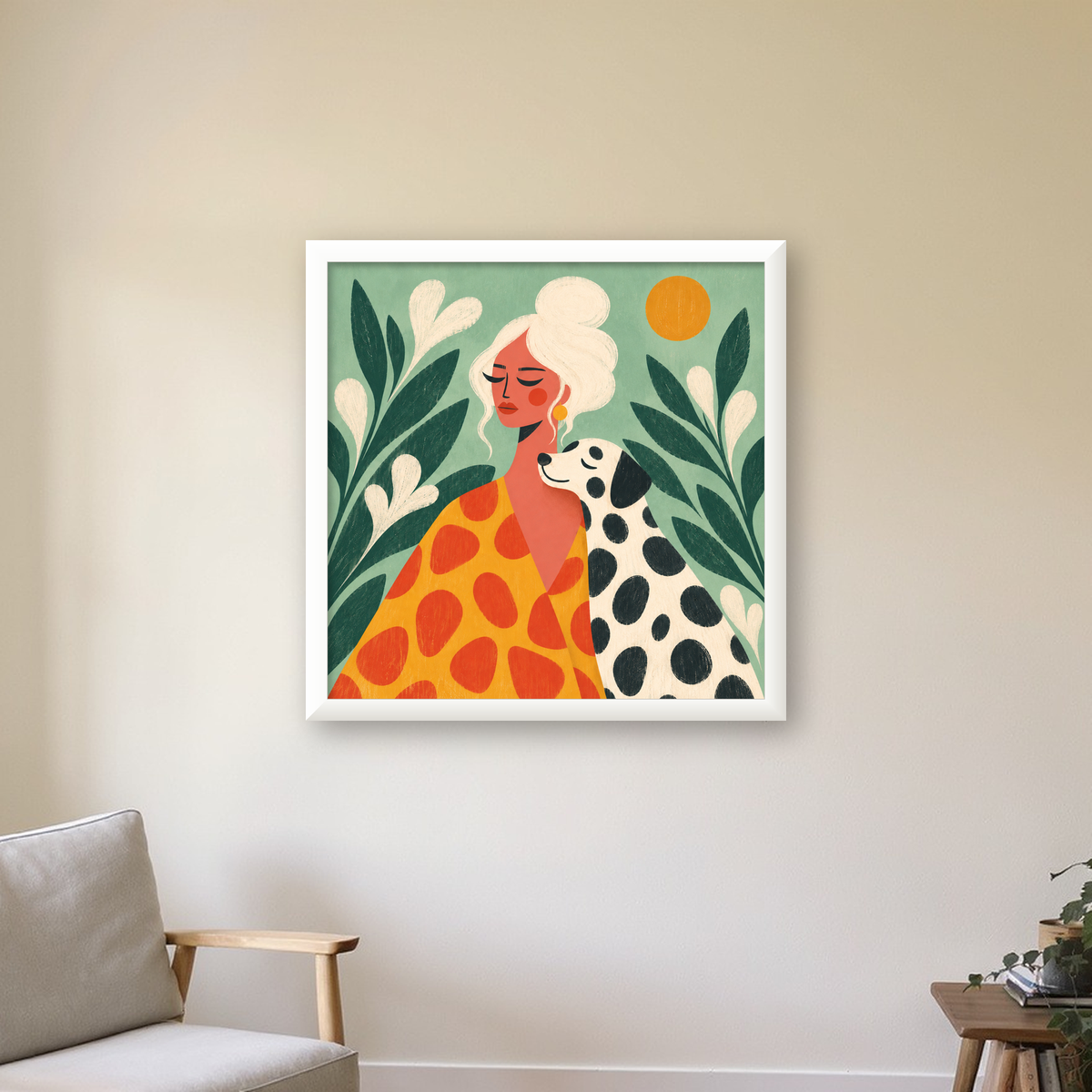 Kadın ve Dalmaçyalı Köpeği Soyut Poster – Modern Duvar Dekoru — beyaz çerçeveli kare poster