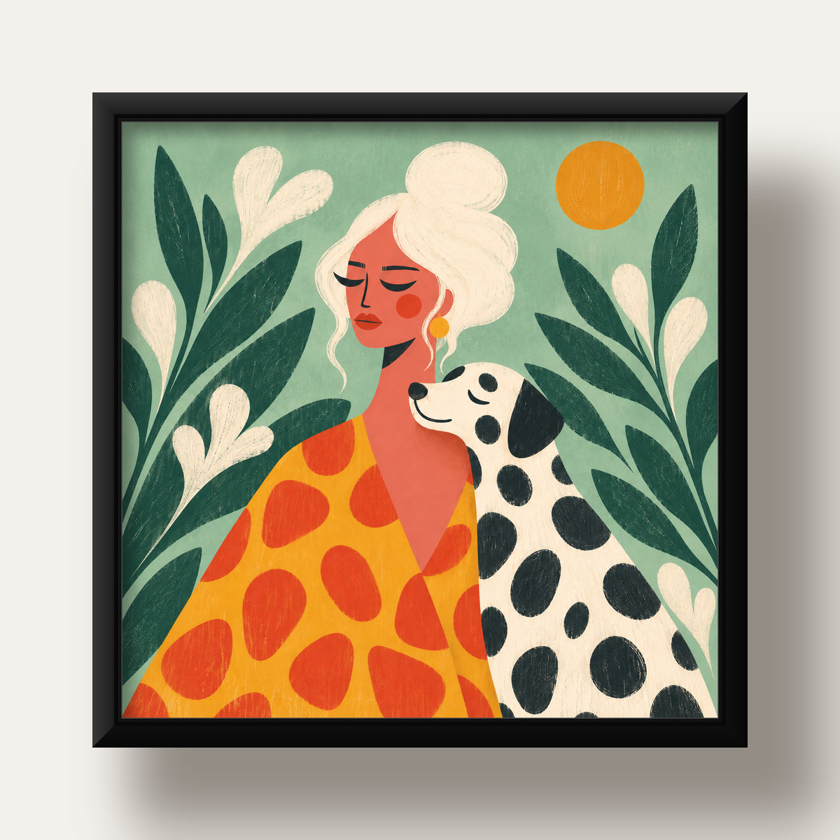 Kadın ve Dalmaçyalı Köpeği Soyut Poster – Modern Duvar Dekoru — siyah derin çerçeveli