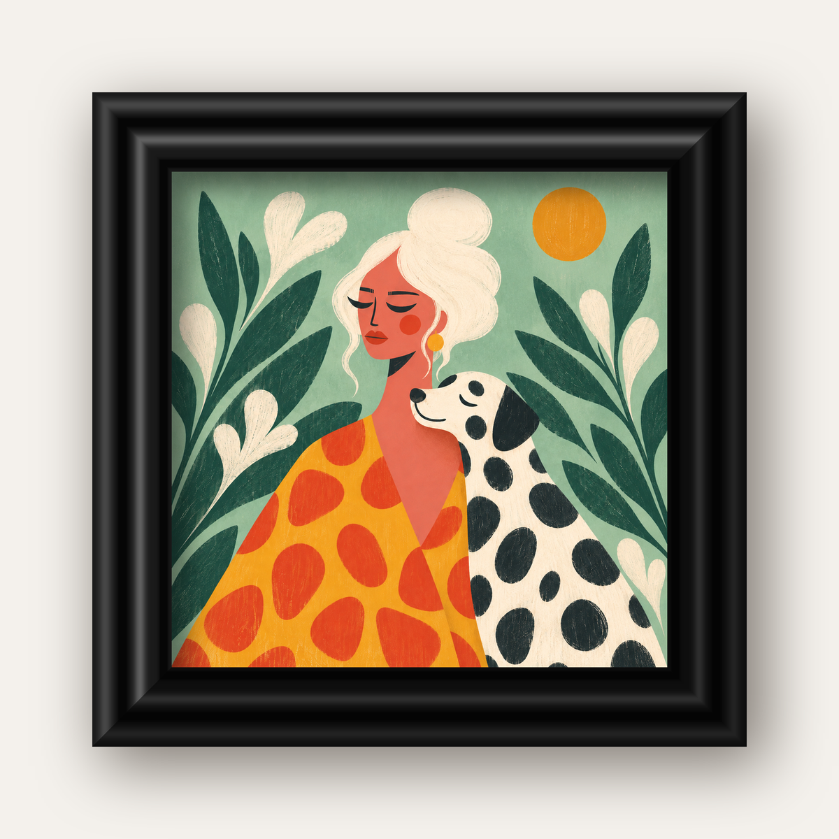 Kadın ve Dalmaçyalı Köpeği Soyut Poster – Modern Duvar Dekoru — siyah galeri çerçeveli