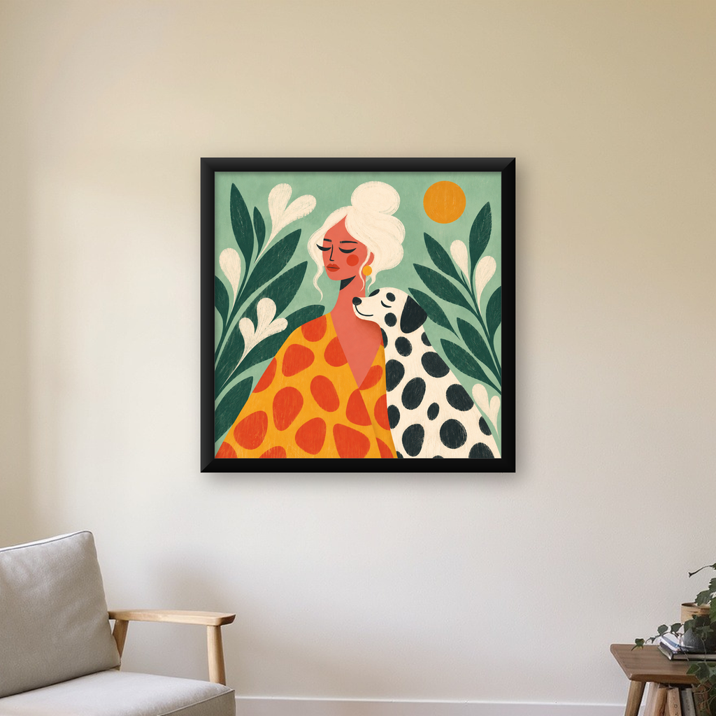 Kadın ve Dalmaçyalı Köpeği Soyut Poster – Modern Duvar Dekoru — Kare baskı, çerçeveli hâliyle bir ev duvarında