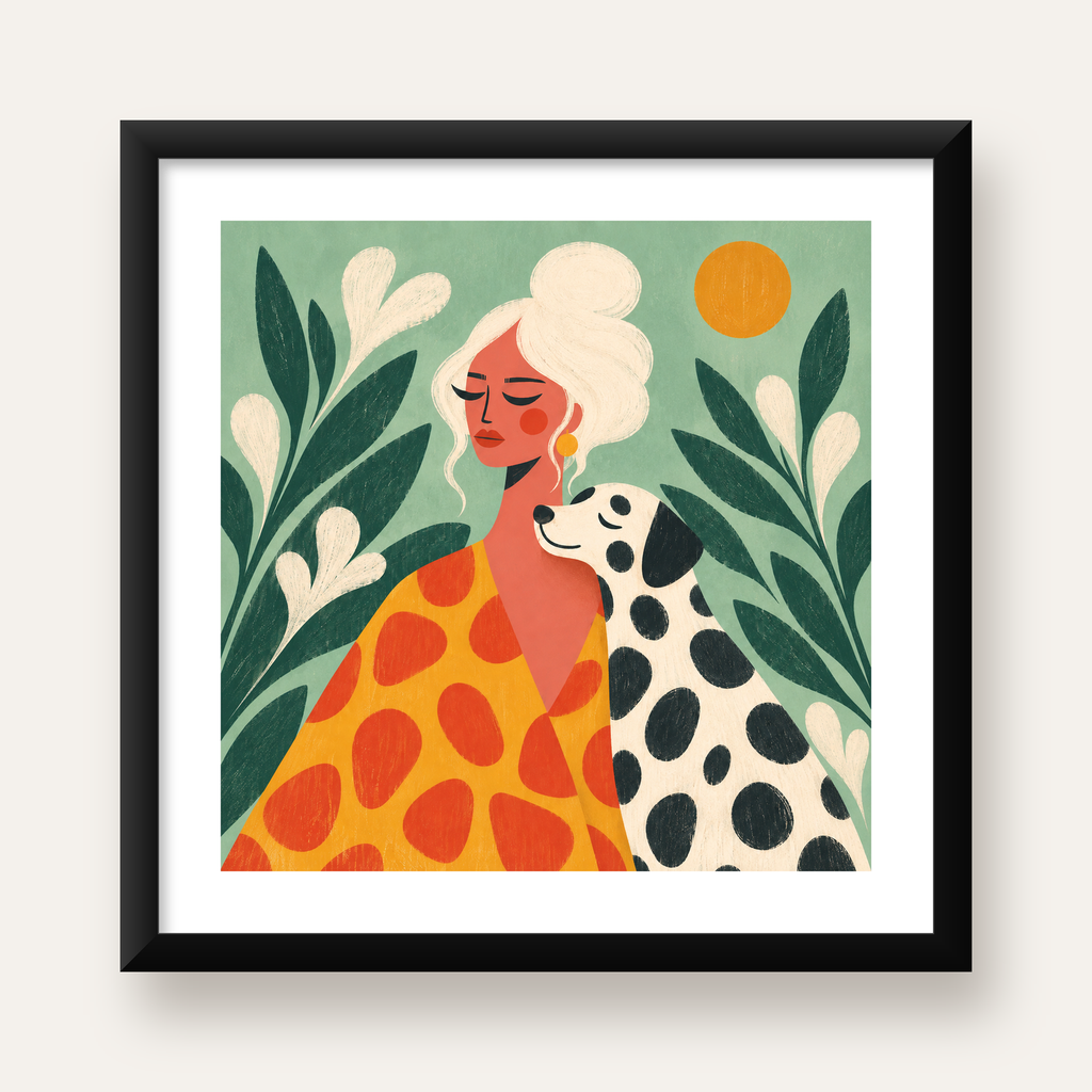 Kadın ve Dalmaçyalı Köpeği Soyut Poster – Modern Duvar Dekoru — Kare baskı, beyaz paspartulu