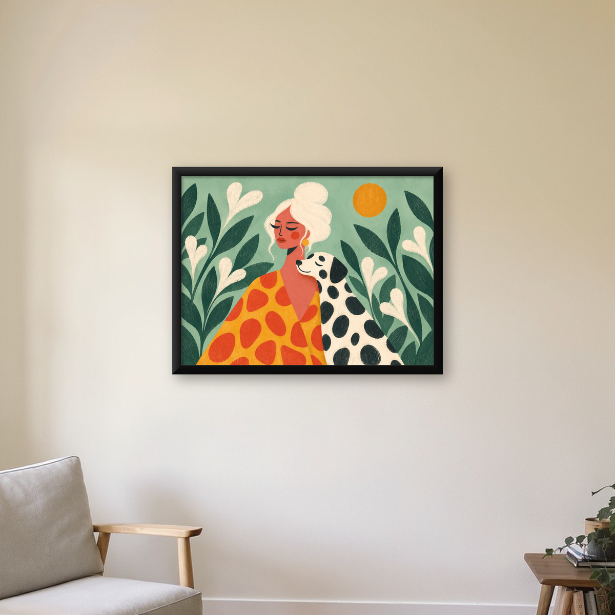 Kadın ve Dalmaçyalı Köpeği Soyut Poster – Modern Duvar Dekoru — Yatay baskı, çerçeveli hâliyle bir ev duvarında