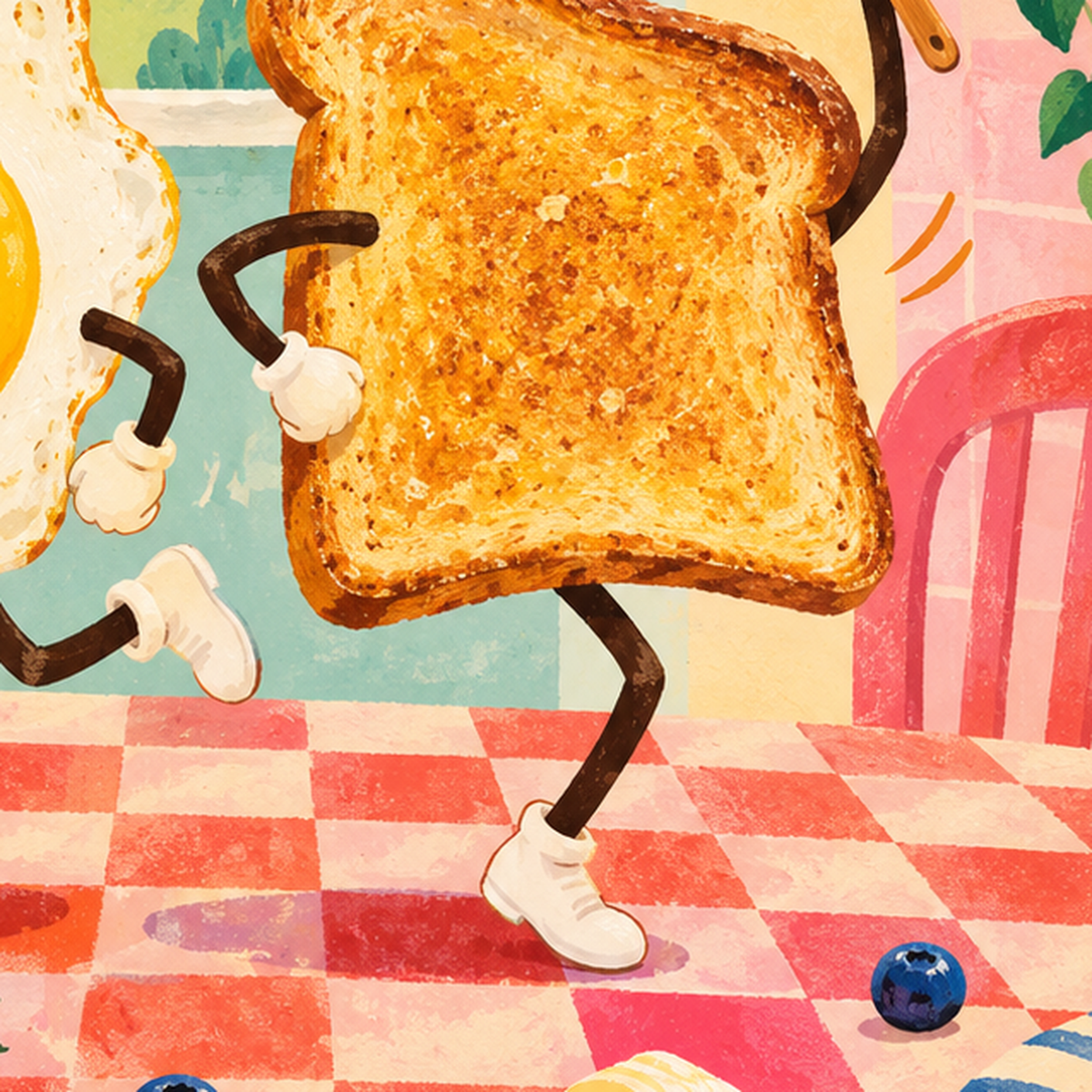 Dans Eden Yumurta ve Tost Poster – Renkli Kahvaltı Enerjisi — baskının yakın çekimi, kâğıt dokusu ve renk detayı