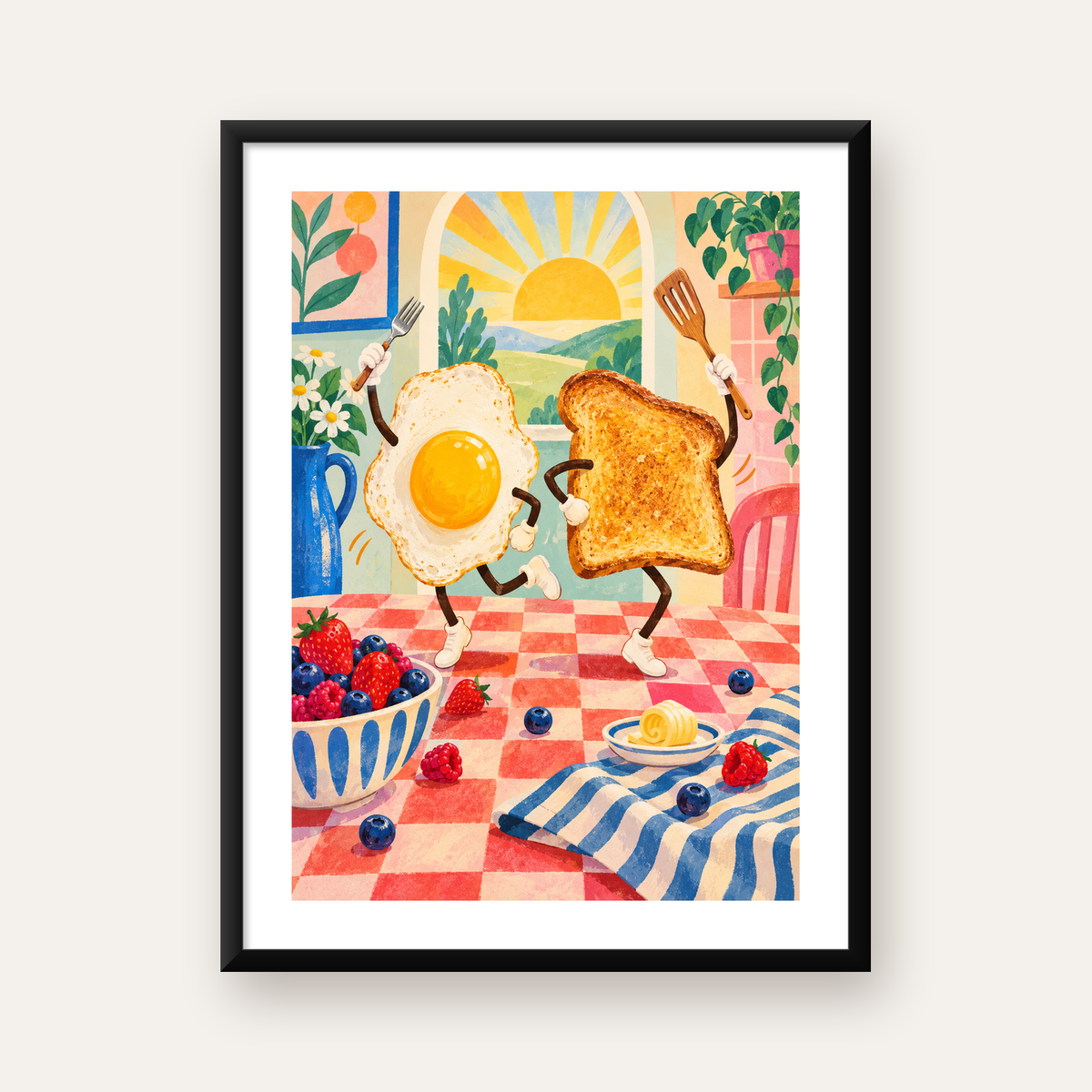 Dans Eden Yumurta ve Tost Poster – Renkli Kahvaltı Enerjisi — Dikey baskı, beyaz kenar boşluklu