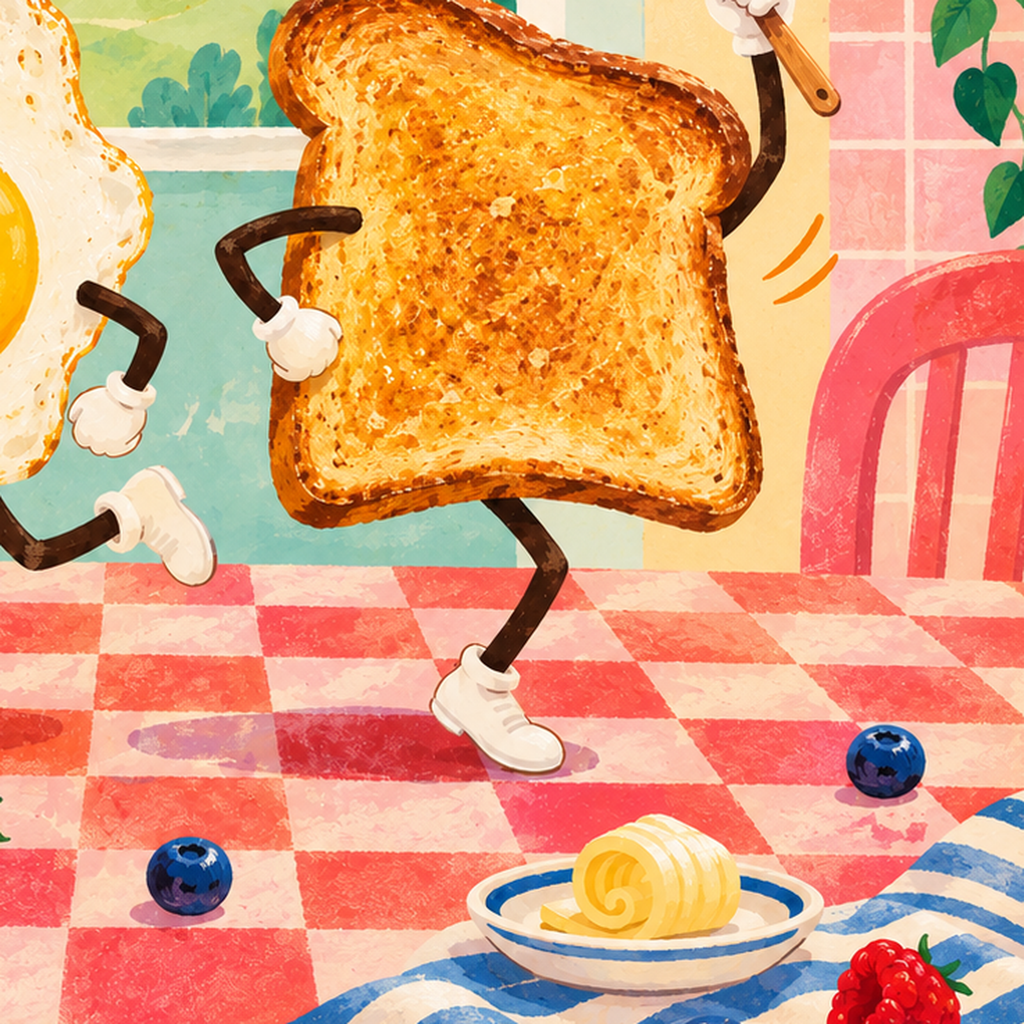 Dans Eden Yumurta ve Tost Poster – Renkli Kahvaltı Enerjisi — baskının yakın çekimi, kâğıt dokusu ve renk detayı