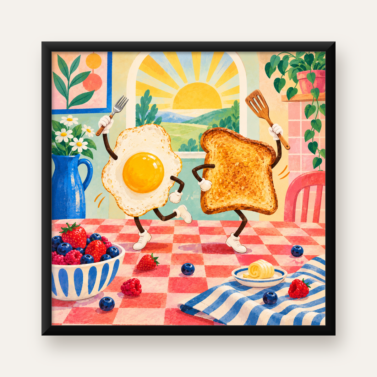 Dans Eden Yumurta ve Tost Poster – Renkli Kahvaltı Enerjisi — Kare baskı, düz siyah çerçeveli duvar posteri