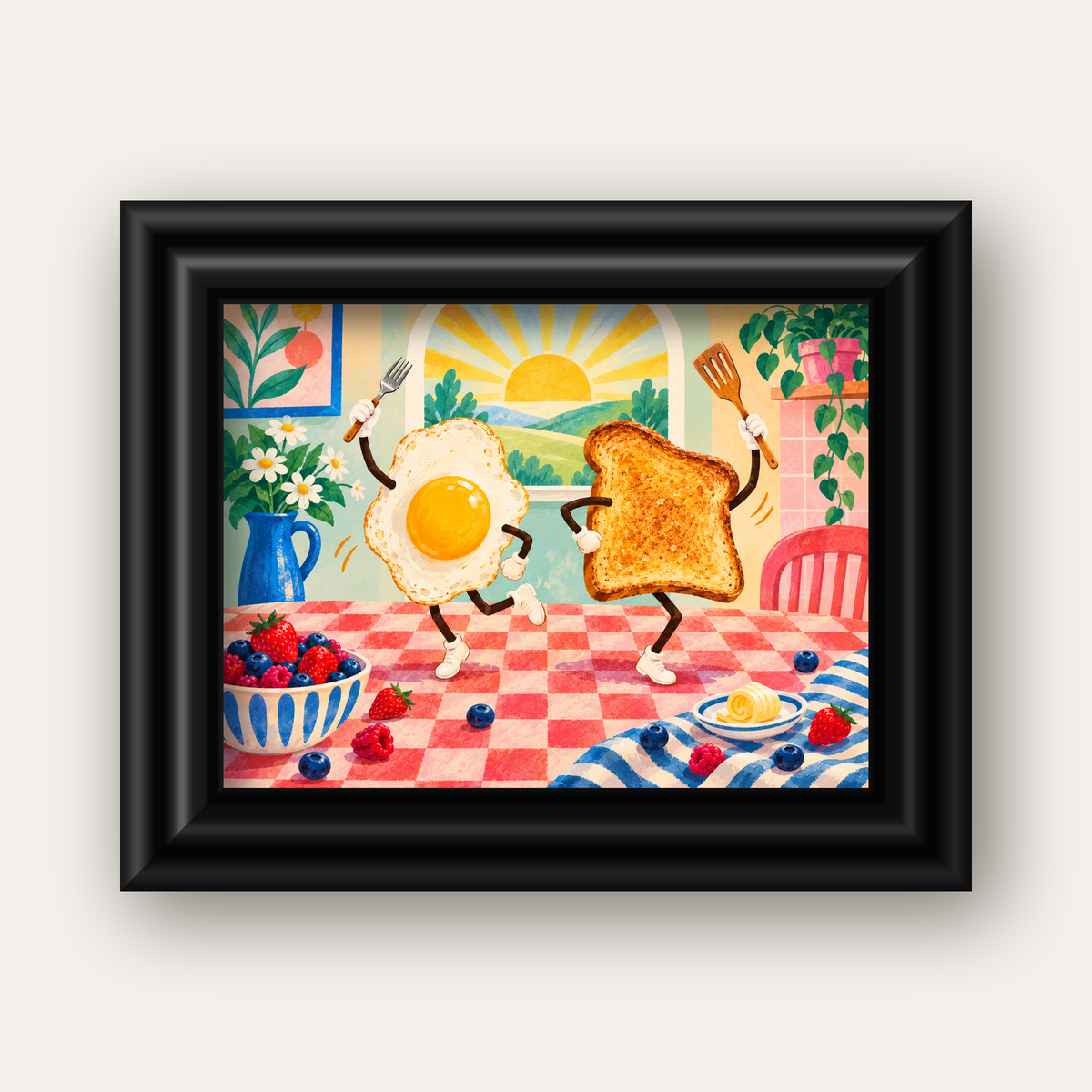 Kahvaltı Dansı Renkli Mutfak Posteri — siyah galeri çerçeveli