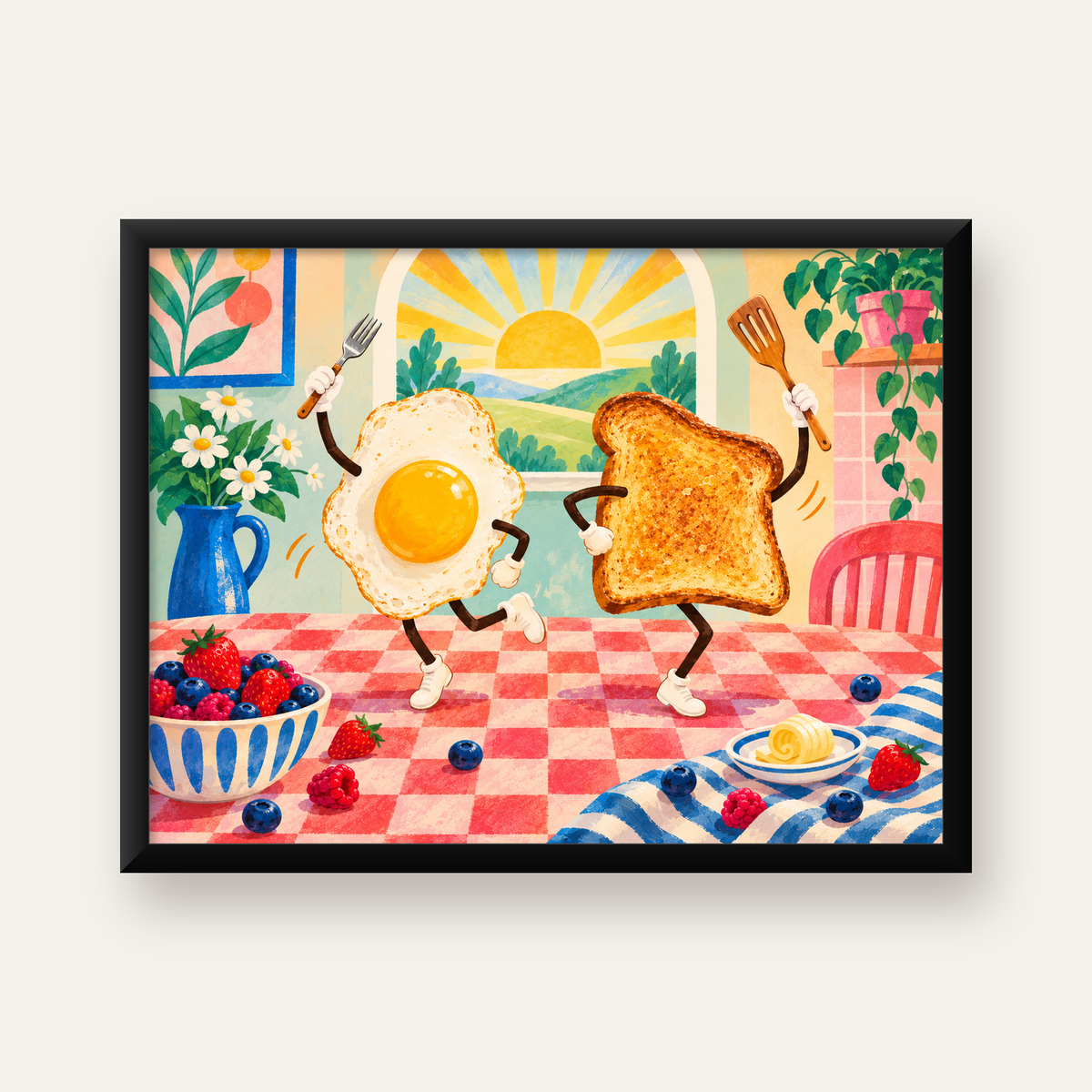 Dans Eden Yumurta ve Tost Poster – Renkli Kahvaltı Enerjisi — Yatay baskı, düz siyah çerçeveli duvar posteri