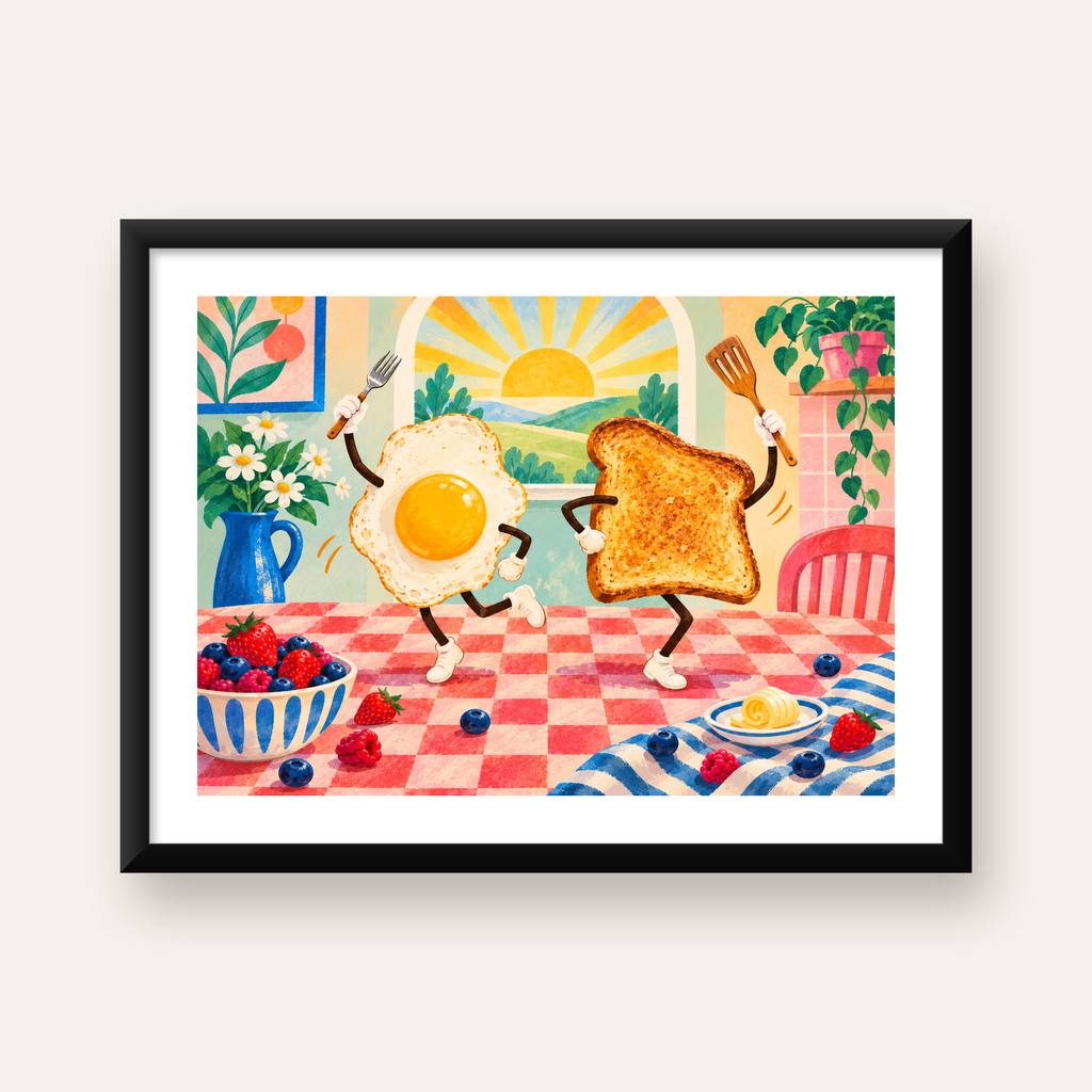 Dans Eden Yumurta ve Tost Poster – Renkli Kahvaltı Enerjisi — Yatay baskı, beyaz kenar boşluklu