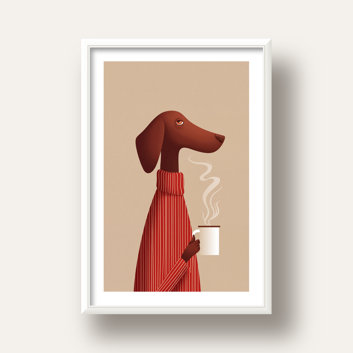 Kırmızı Kazaklı Kahve İçen Köpek Minimalist Poster — beyaz derin çerçeveli paspartulu