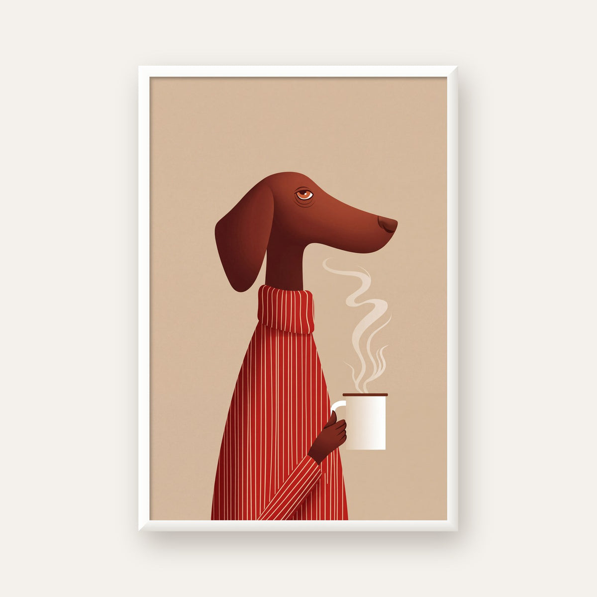 Kırmızı Kazaklı Kahve İçen Köpek Minimalist Poster — beyaz çerçeveli dikey poster