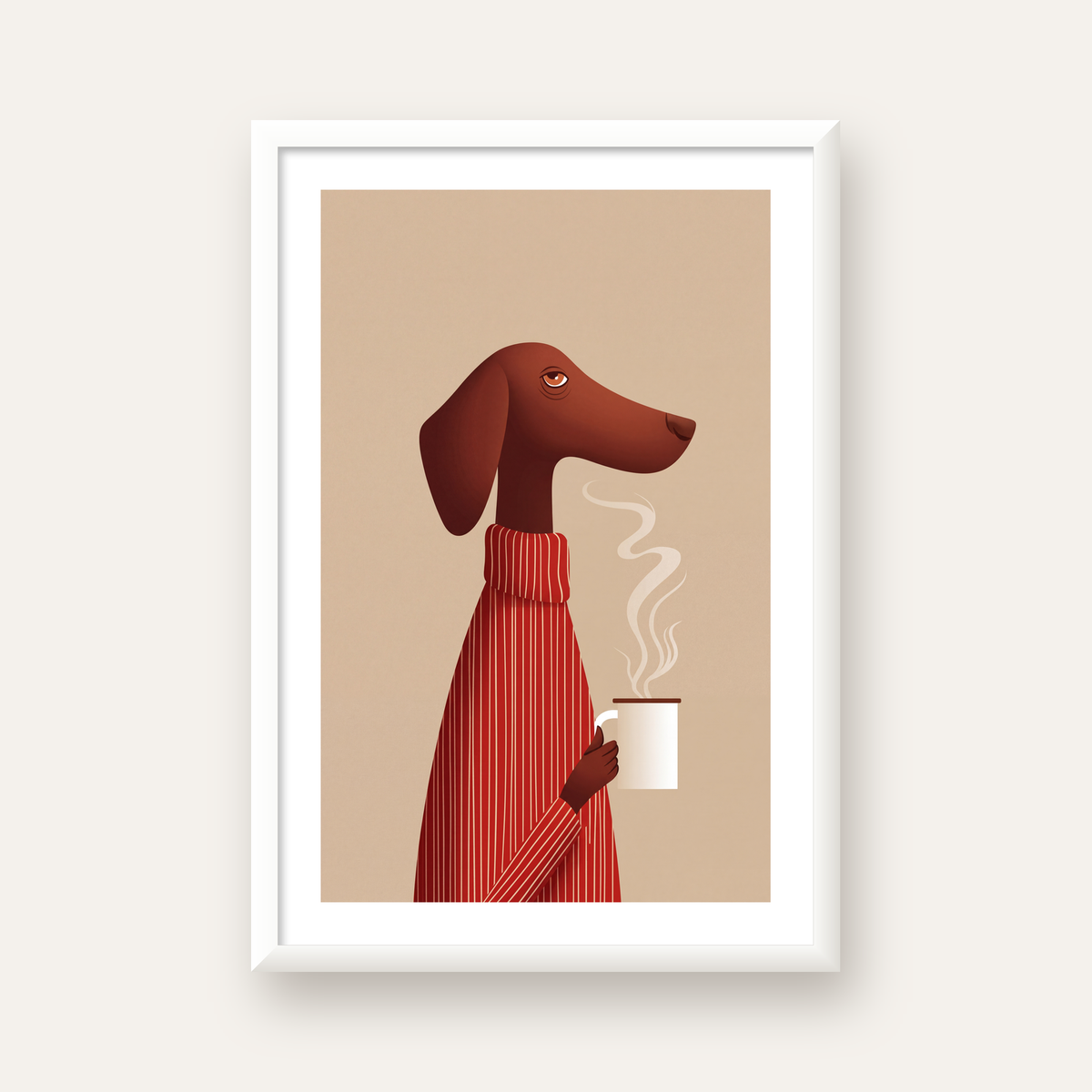 Kırmızı Kazaklı Kahve İçen Köpek Minimalist Poster — beyaz çerçeveli dikey poster