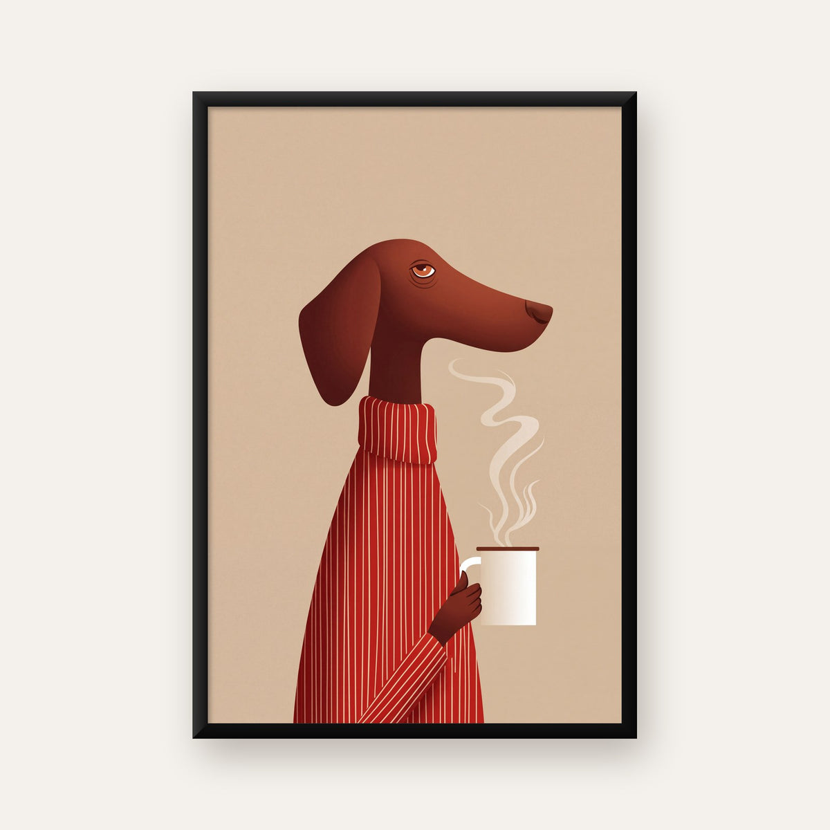Kırmızı Kazaklı Kahve İçen Köpek Minimalist Poster — Dikey baskı, düz siyah çerçeveli duvar posteri