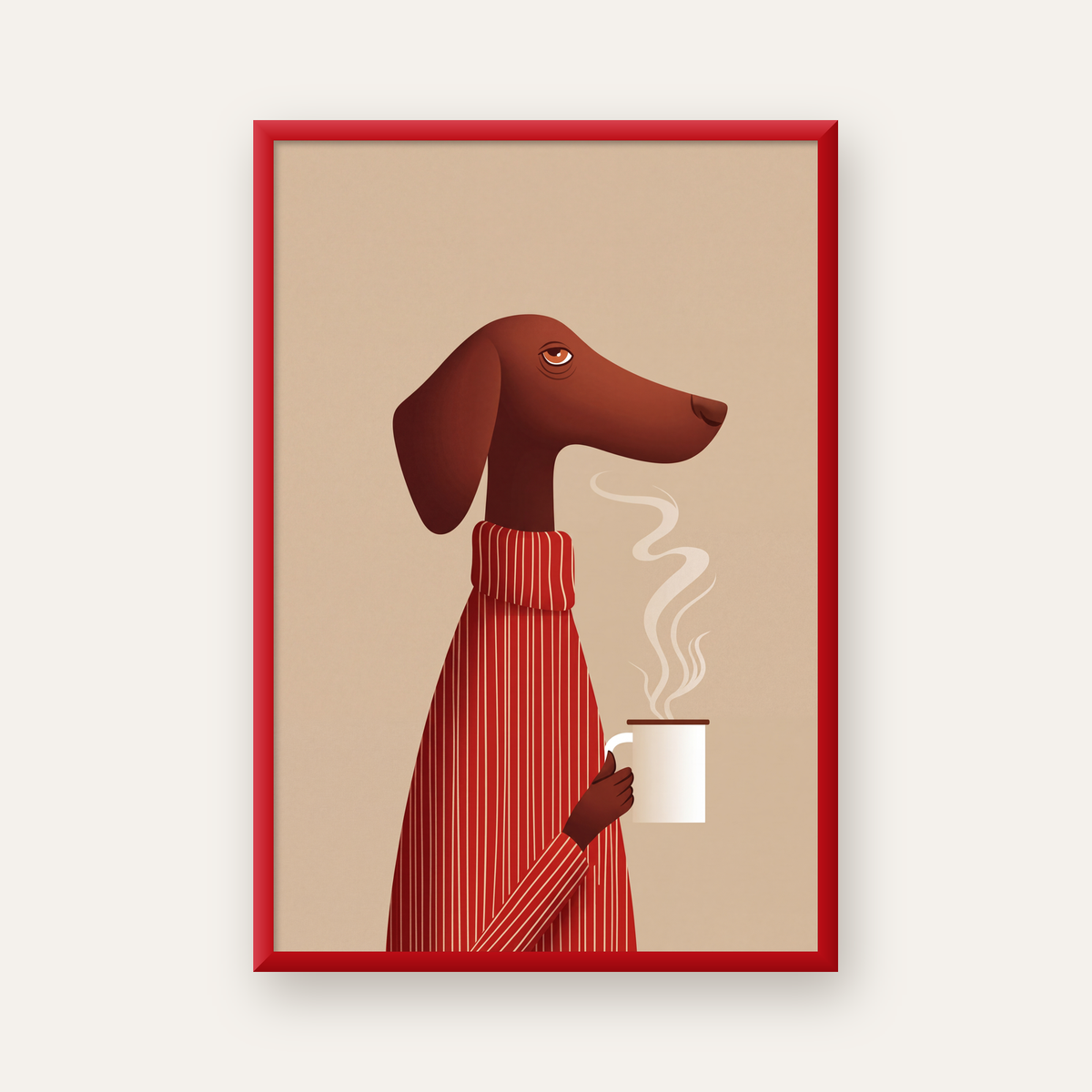 Kırmızı Kazaklı Kahve İçen Köpek Minimalist Poster — kırmızı çerçeveli