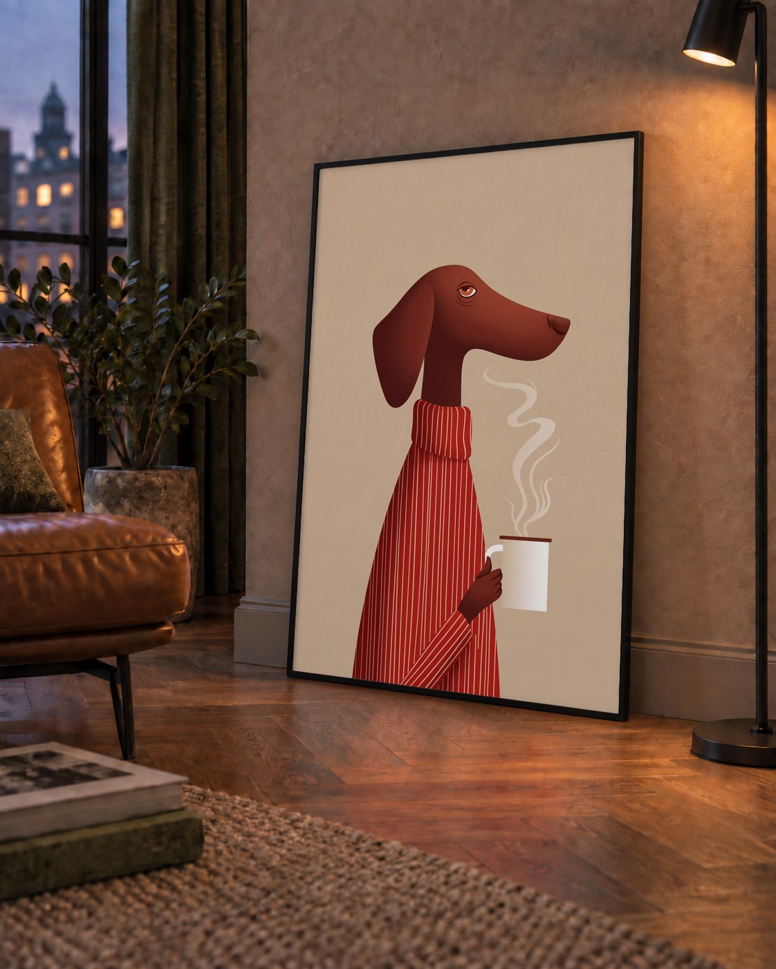 Kırmızı Kazaklı Kahve İçen Köpek Minimalist Poster — çerçeveli hâliyle bir ev duvarında
