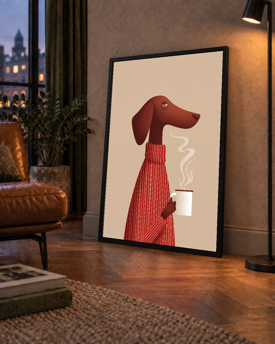 Kırmızı Kazaklı Kahve İçen Köpek Minimalist Poster