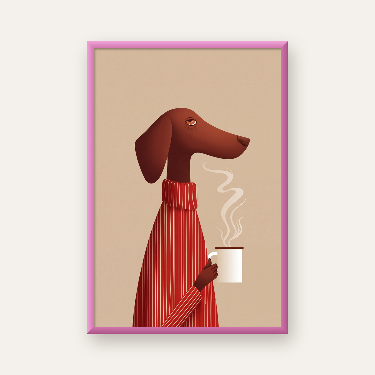 Kırmızı Kazaklı Kahve İçen Köpek Minimalist Poster — pembe çerçeveli