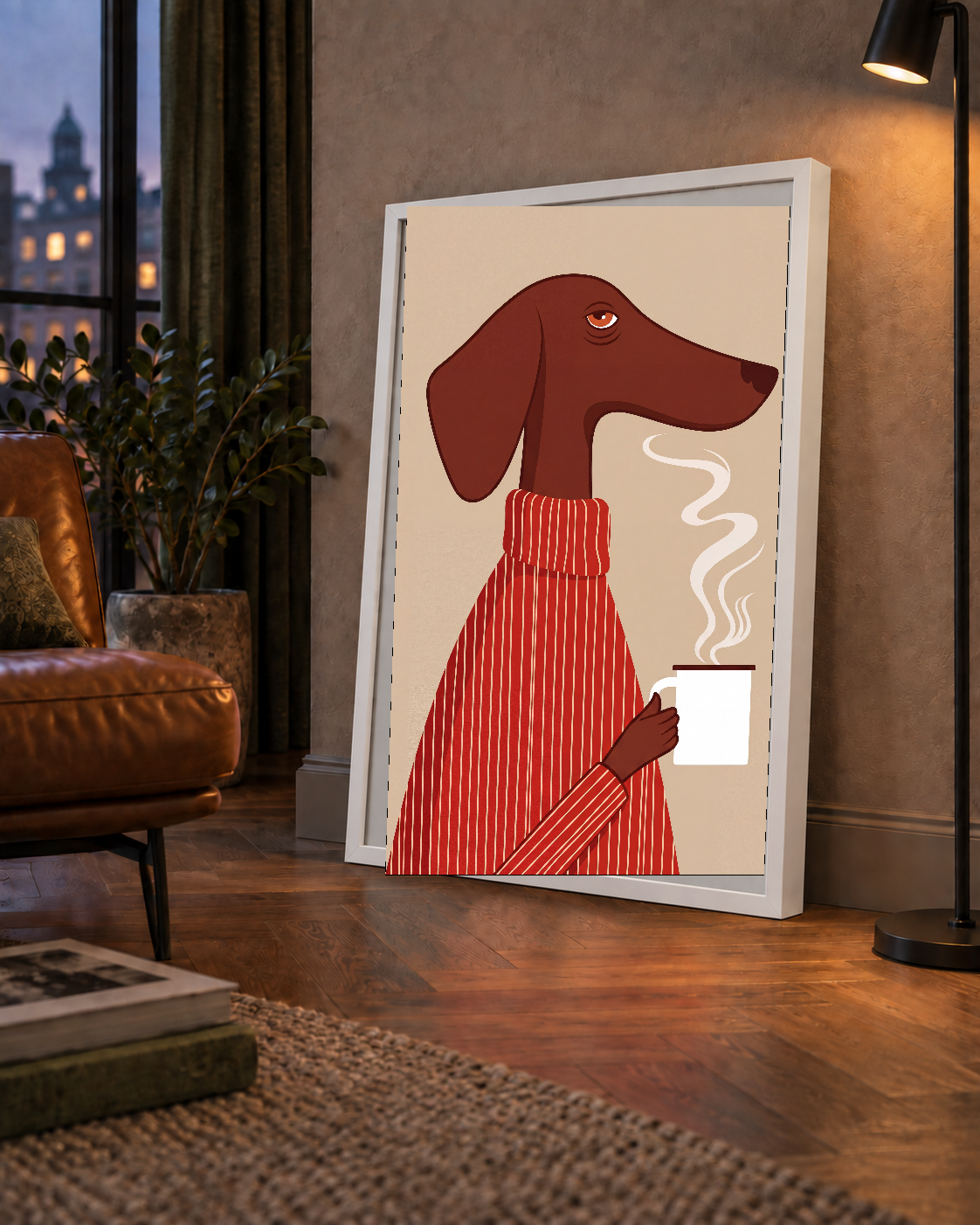 Kırmızı Kazaklı Kahve İçen Köpek Minimalist Poster