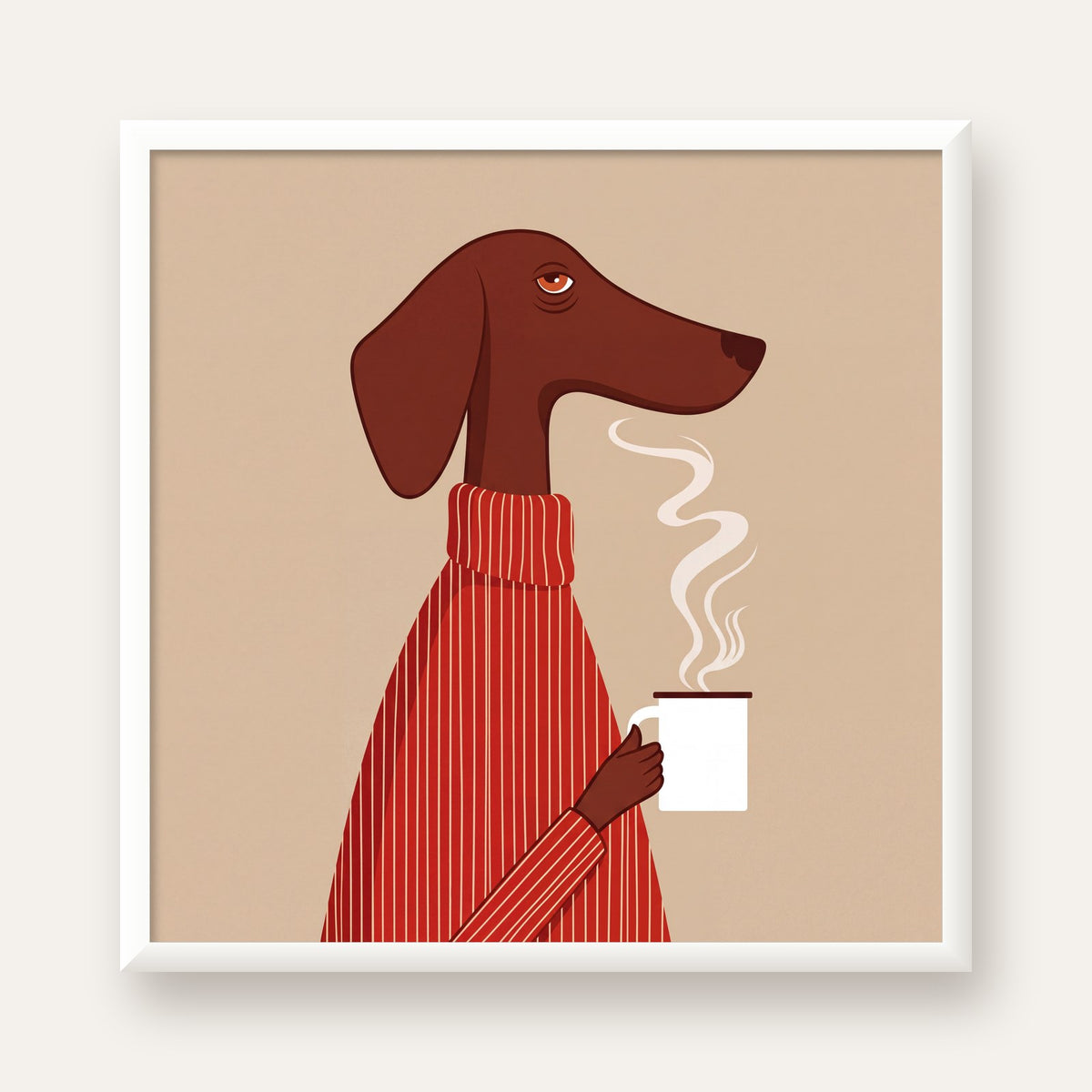 Kırmızı Kazaklı Kahve İçen Köpek Minimalist Poster — beyaz çerçeveli kare poster