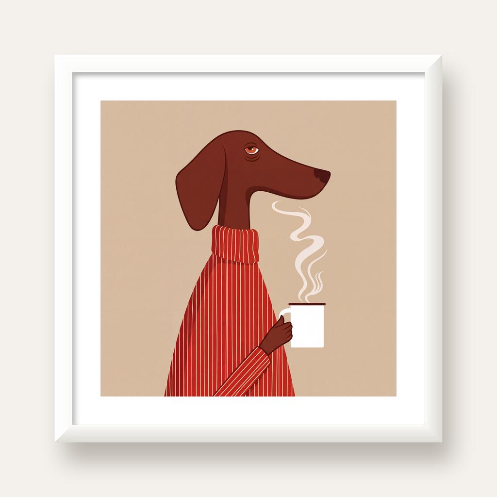 Kırmızı Kazaklı Kahve İçen Köpek Minimalist Poster — beyaz çerçeveli kare poster