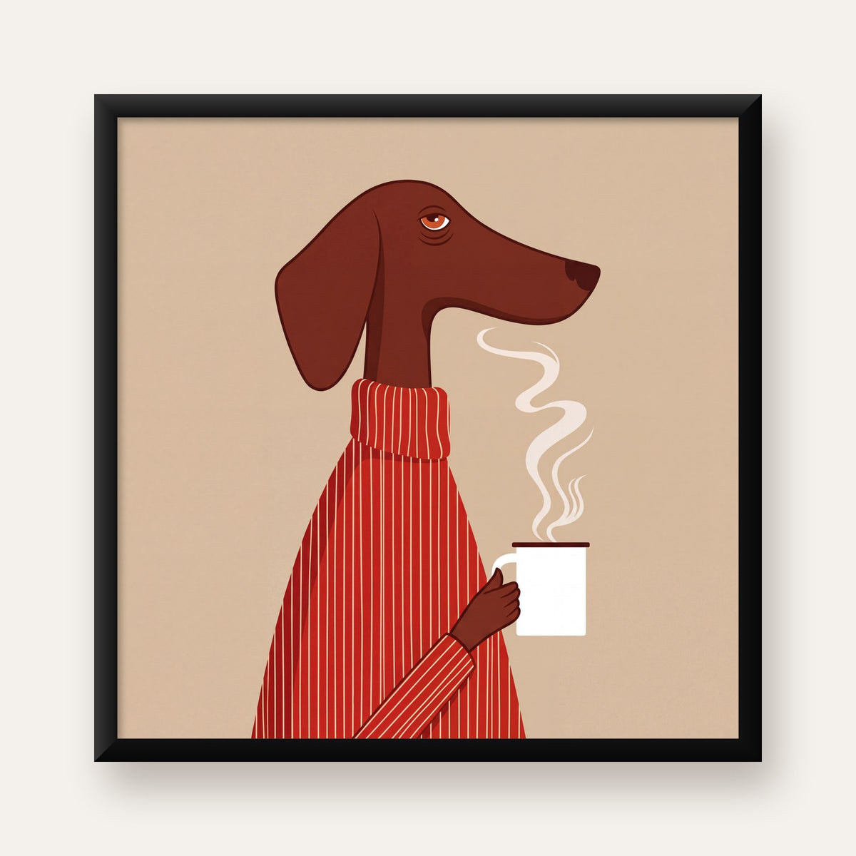 Kırmızı Kazaklı Kahve İçen Köpek Minimalist Poster — Kare baskı, düz siyah çerçeveli duvar posteri