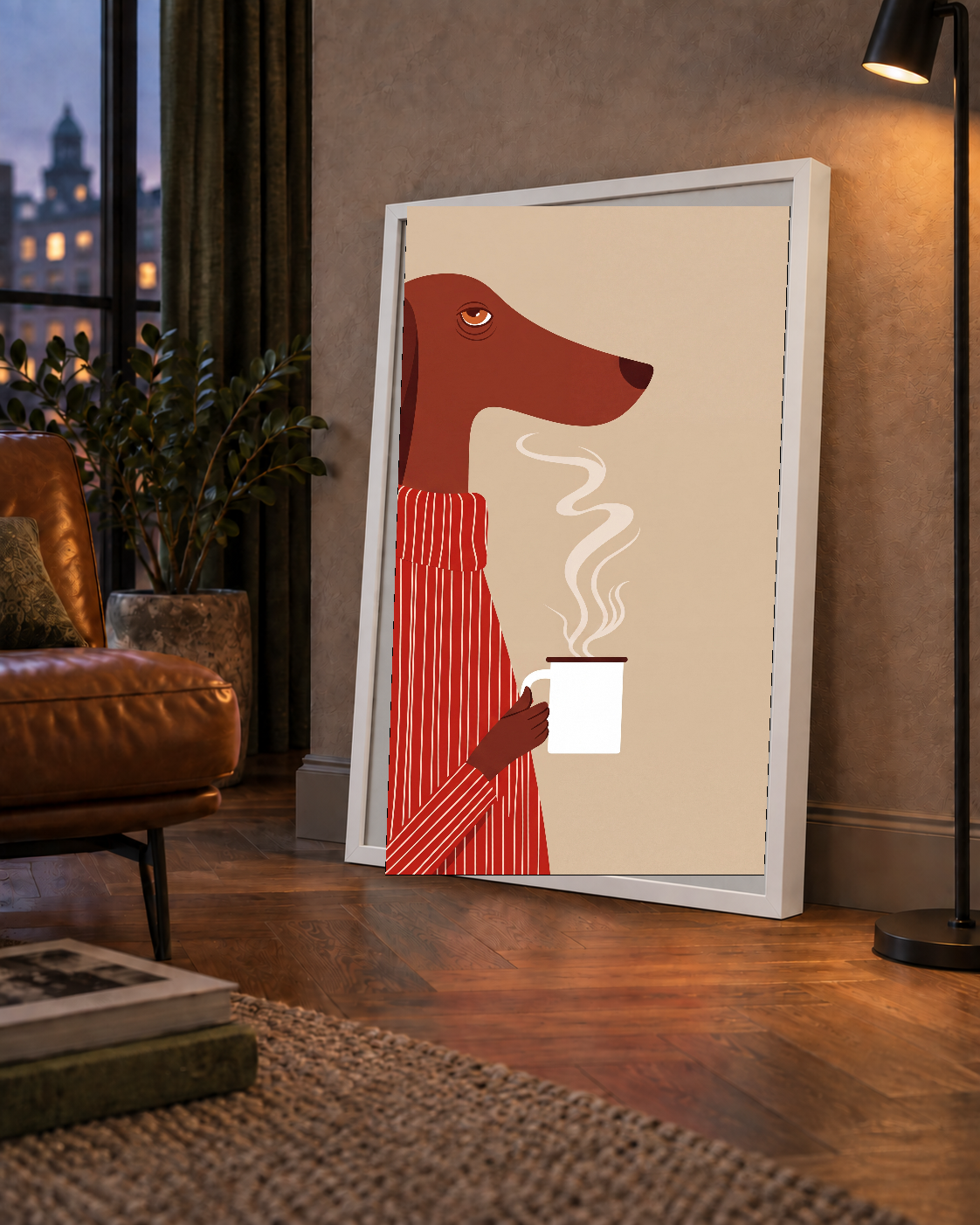 Kırmızı Kazaklı Kahve İçen Köpek Minimalist Poster