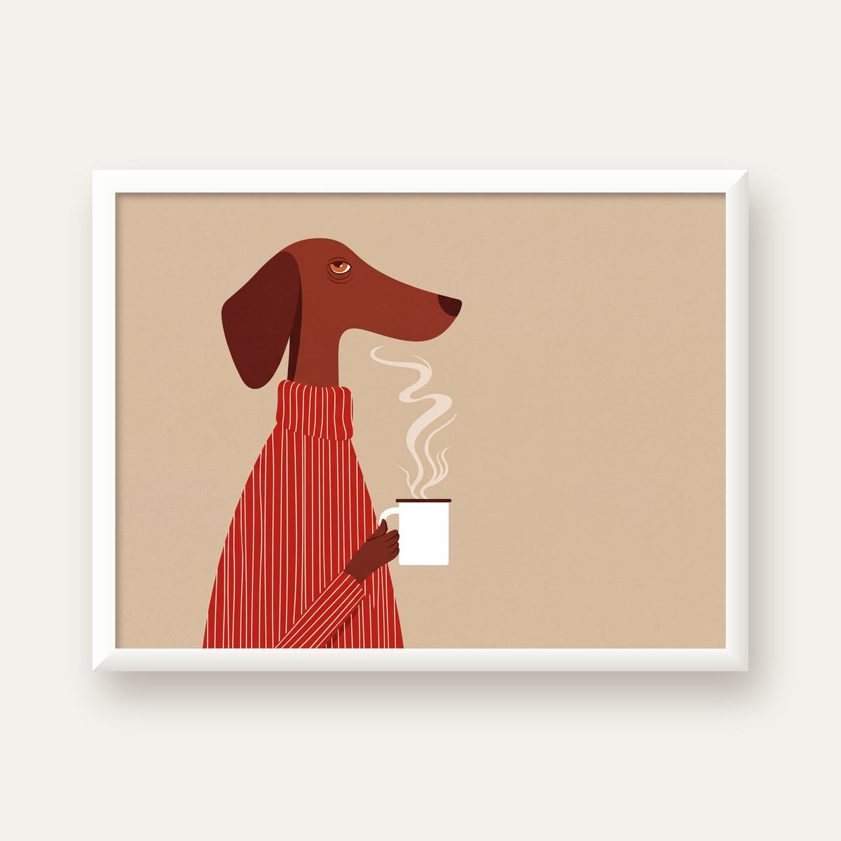 Kırmızı Kazaklı Kahve İçen Köpek Minimalist Poster — beyaz çerçeveli yatay poster
