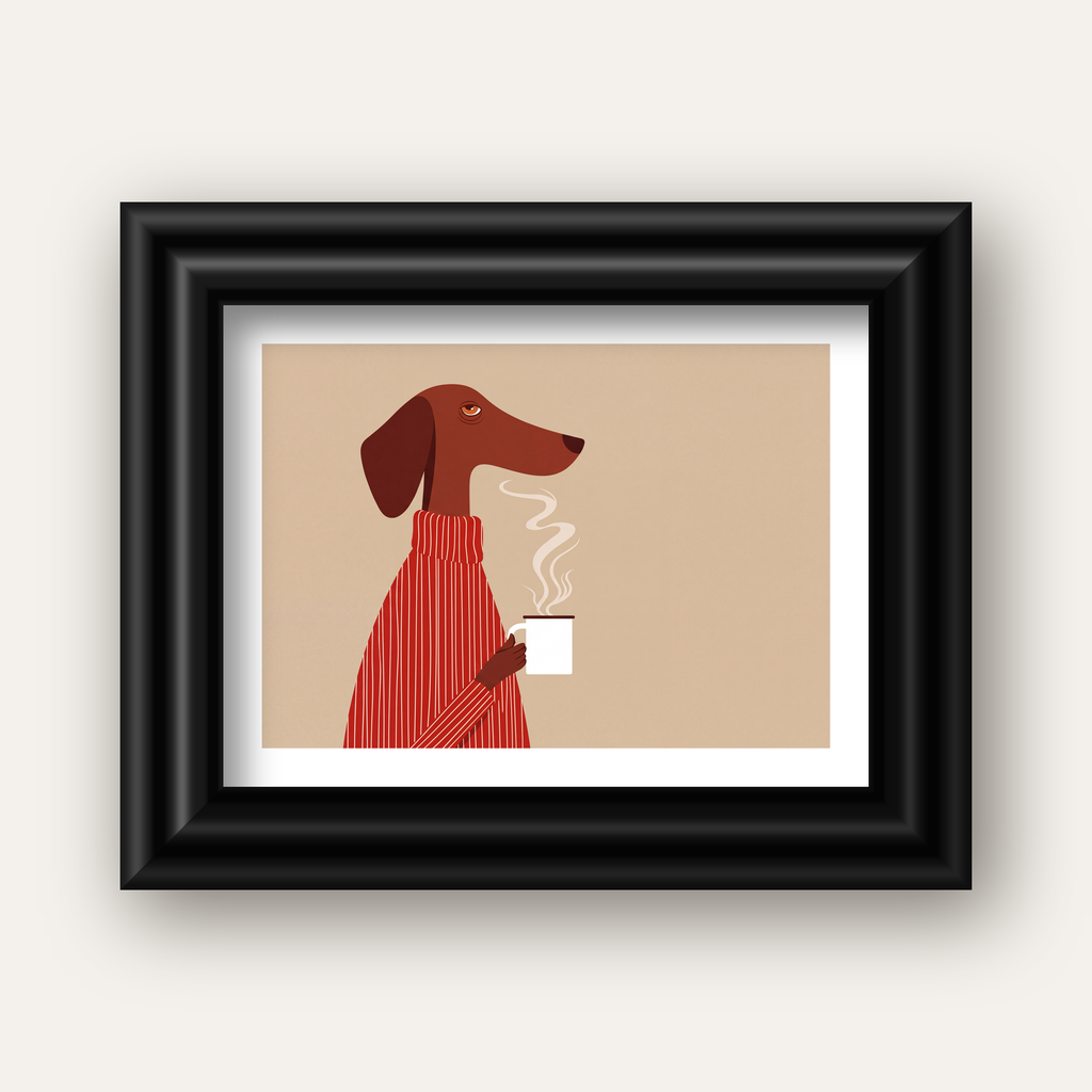 Kırmızı Kazaklı Kahve İçen Köpek Minimalist Poster — siyah galeri çerçeveli paspartulu