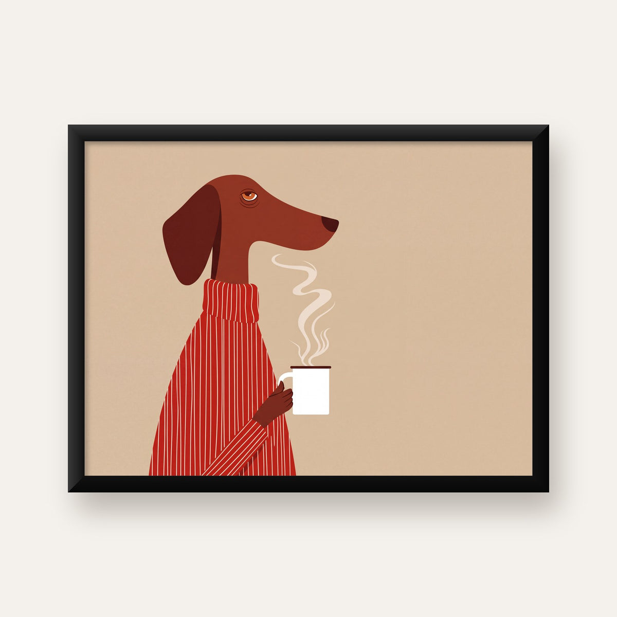 Kırmızı Kazaklı Kahve İçen Köpek Minimalist Poster — Yatay baskı, düz siyah çerçeveli duvar posteri