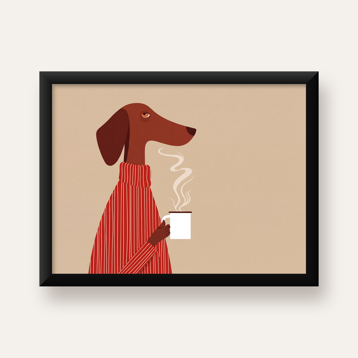 Kırmızı Kazaklı Kahve İçen Köpek Minimalist Poster — Yatay baskı, düz siyah çerçeveli duvar posteri