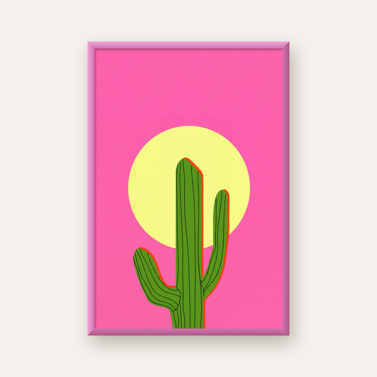 Kaktüs ve Güneş İllüstrasyonlu Modern Duvar Posteri — pembe çerçeveli