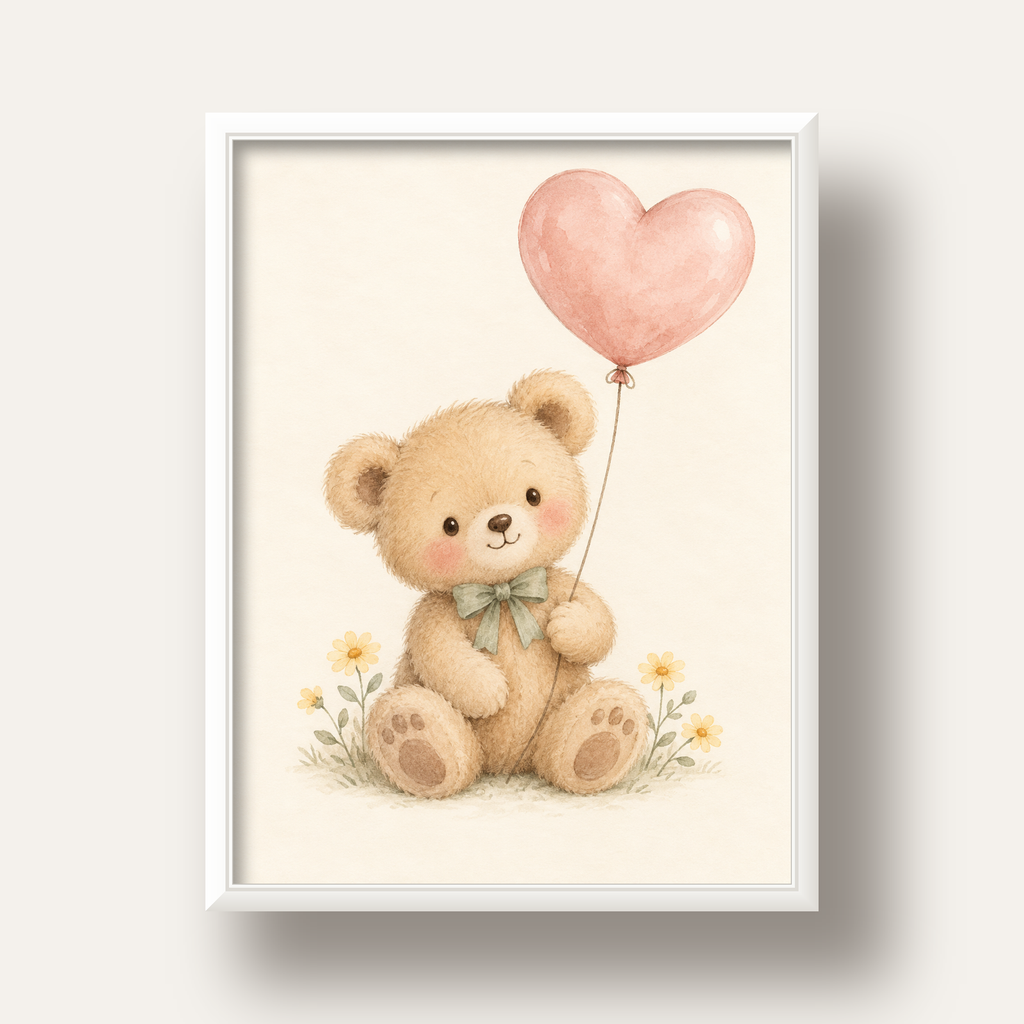 Kalpli Balon Tutan Ayıcık Suluboya Poster – Pastel Çocuk Odası Dekoru — beyaz derin çerçeveli