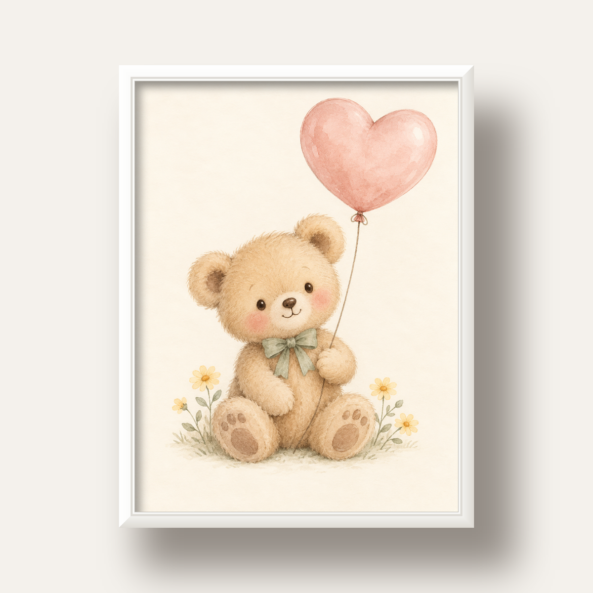 Kalpli Balon Tutan Ayıcık Suluboya Poster – Pastel Çocuk Odası Dekoru — beyaz derin çerçeveli